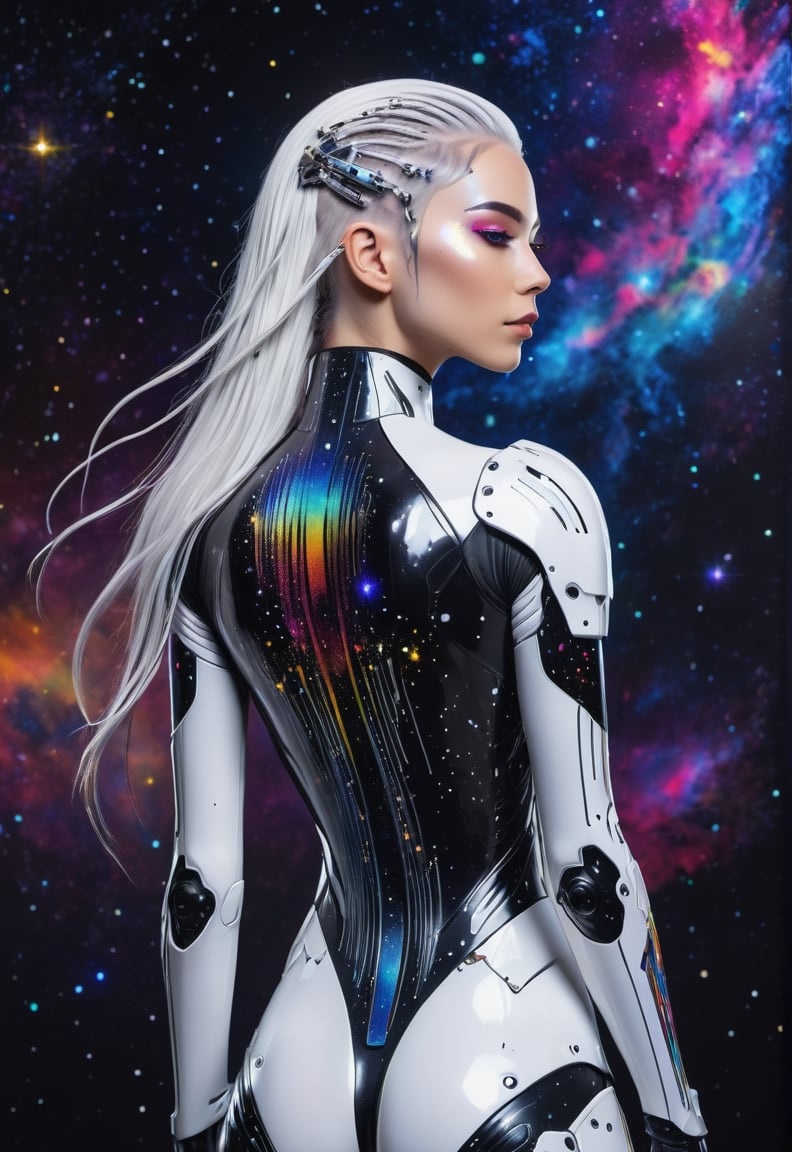 a detailed full body photo of a female ((hair white long)) cyborg with black metal side on facing veiwer with cosmic stars in her and colorfull cosmic back ground,dripping paint,DonMCyb3rN3cr0XL ,cyborg style,photo r3al