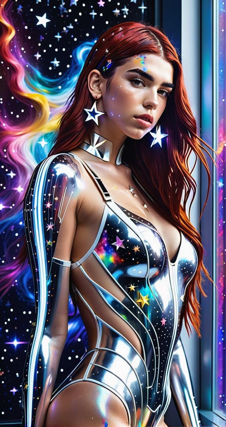 a detailed full body photo of a female cyborg ((dua lipa)) ((star-shaped tendrils)) ((long redhead hair)) ((with a white metal)) side in front of the window with cosmic stars on it and a colorful cosmic background, paint dripping, DonMCyb3rN3cr0XL, cyborg style,cyborg style