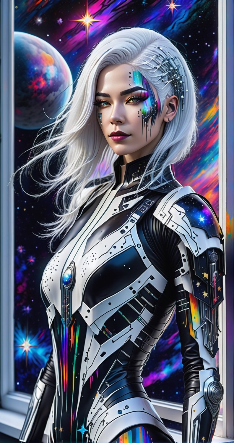 a detailed full body photo of a female cyborg ((dua lipa))((long white hair)) ((with a black metal)) side in front of the window with cosmic stars on it and a colorful cosmic background, paint dripping, DonMCyb3rN3cr0XL, cyborg style,cyborg style