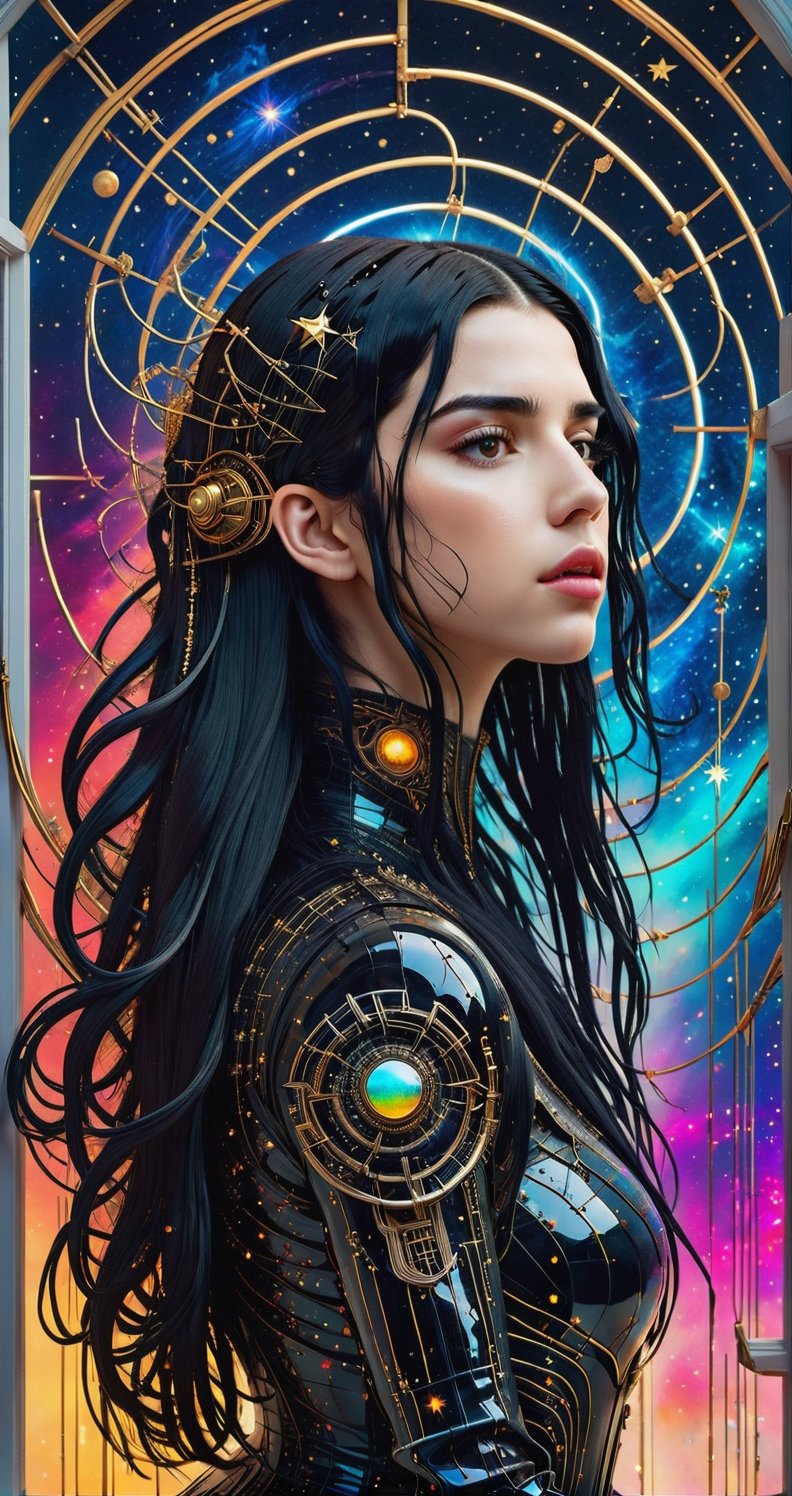 a detailed full body photo of a female cyborg ((dua lipa)) ((star-shaped tendrils)) ((long black hair)) ((with a black metal)) side in front of the window with cosmic stars on it and a colorful cosmic background, paint dripping, DonMCyb3rN3cr0XL, cyborg style,cyborg style