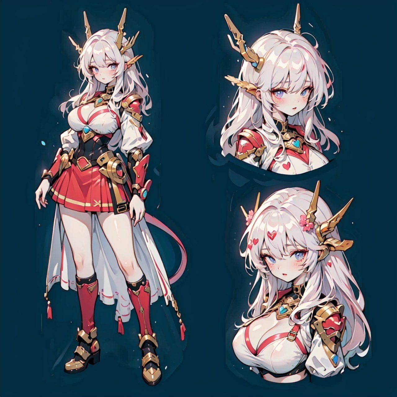 anime, front and rear design, custom character,  character design, full body, big boobies, big breast, (CharacterSheet:1), design(masterpiece, top quality, best quality, official art, beautiful and aesthetic:1.2 ), (1girl), extreme detailed, (fractal art:1.3), highest detailed, 1 girl, YAMATO,  medieval armor,  female armor,  cleavage, heart in eye, huge breasts, miniskirt, bra,mink_\(dragon half),bikini armor, mecha