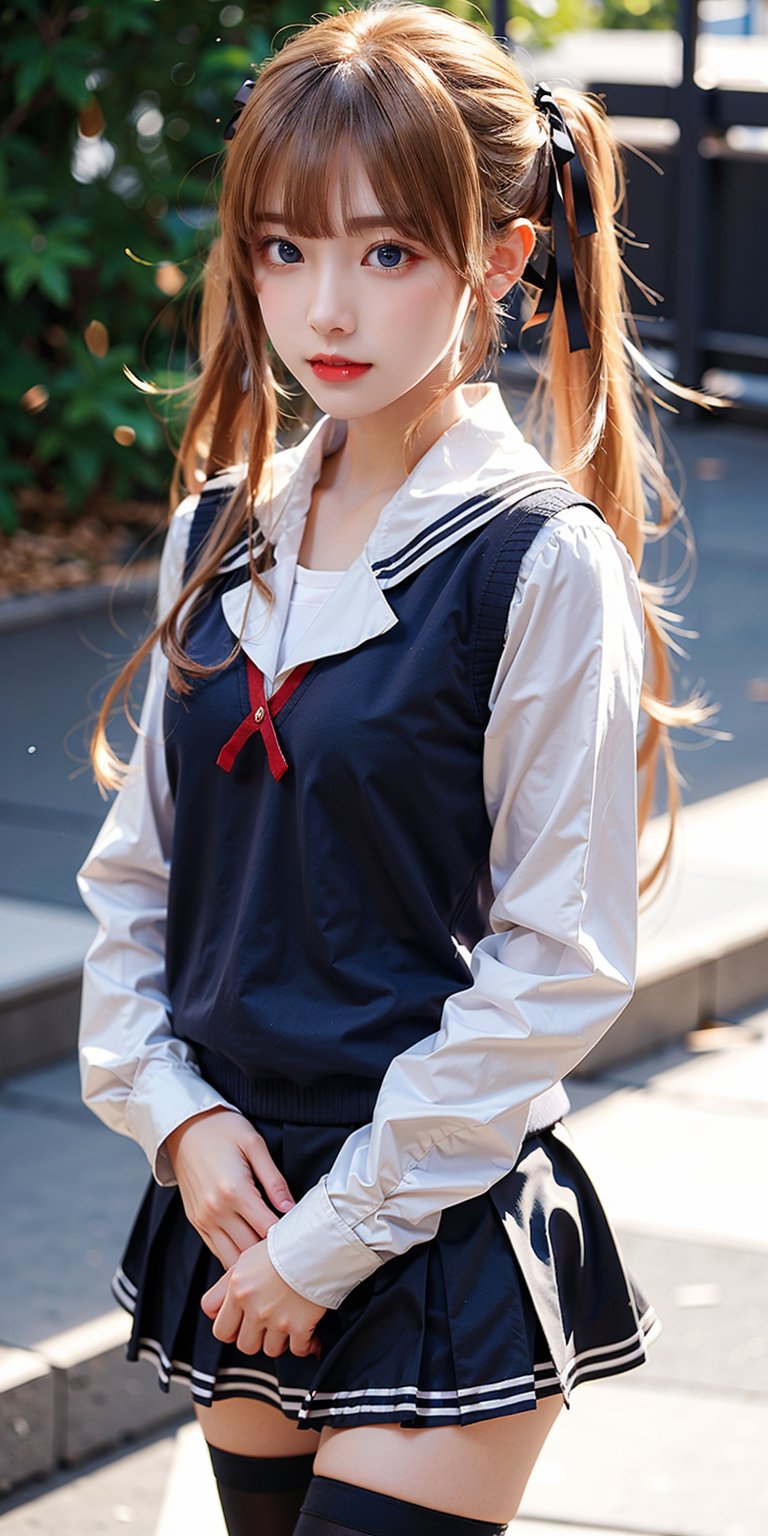 masterpiece, best quality, highres, aaeriri, long hair, twintails, hair ribbon, blond hair,fang, school uniform, sailor collar, white shirt, sweater vest, long sleeves, pleated skirt, black skirt, black thighhighs, , standing, cowboy shot, outdoors,Bomi