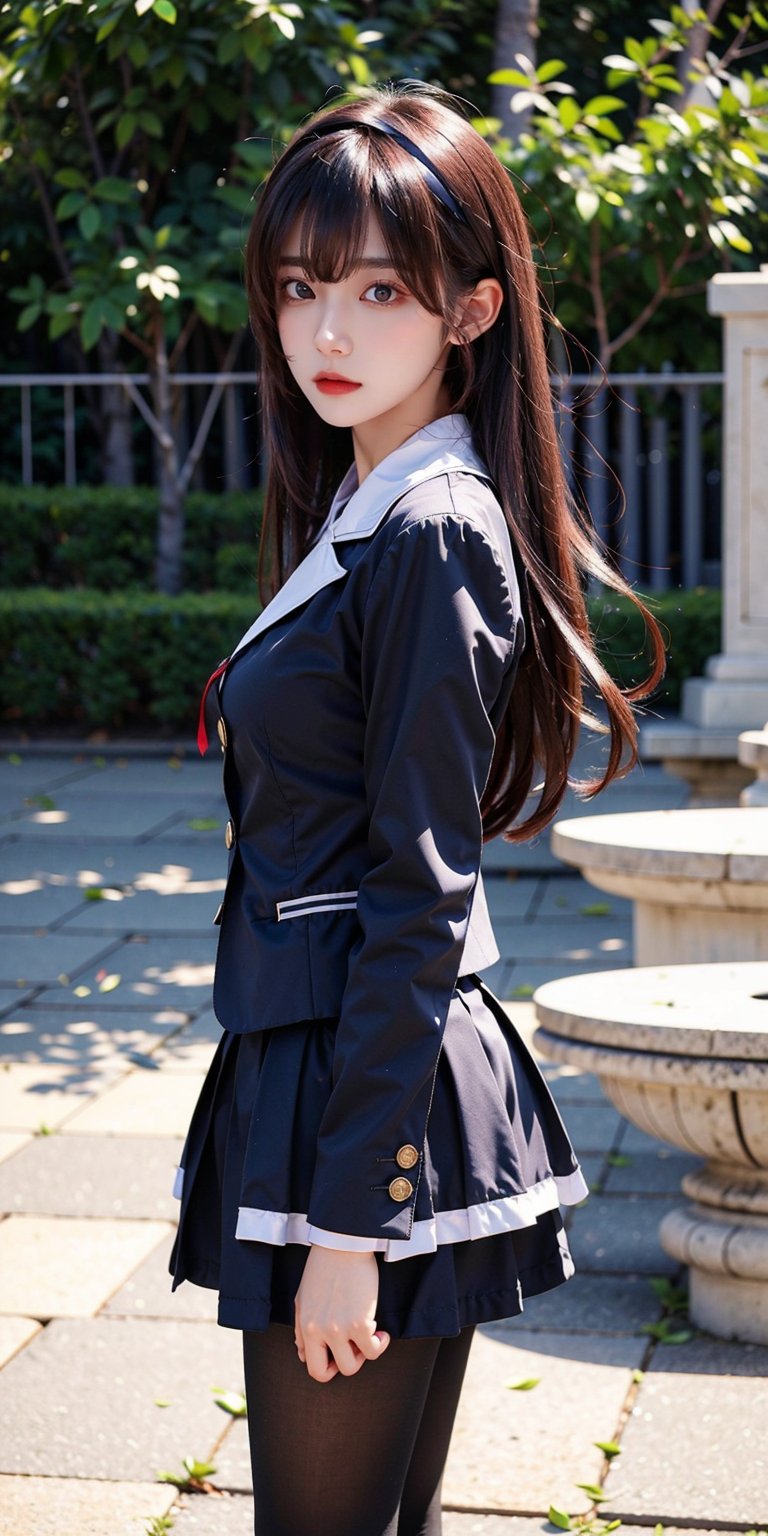 masterpiece, best quality, highres, aautaha, long hair, black hair, hairband, school uniform, sailor collar, blue blazer, long sleeves, pleated skirt, blue skirt, black pantyhose, , standing, cowboy shot, outdoors,cowboy shot:1.3,Bomi