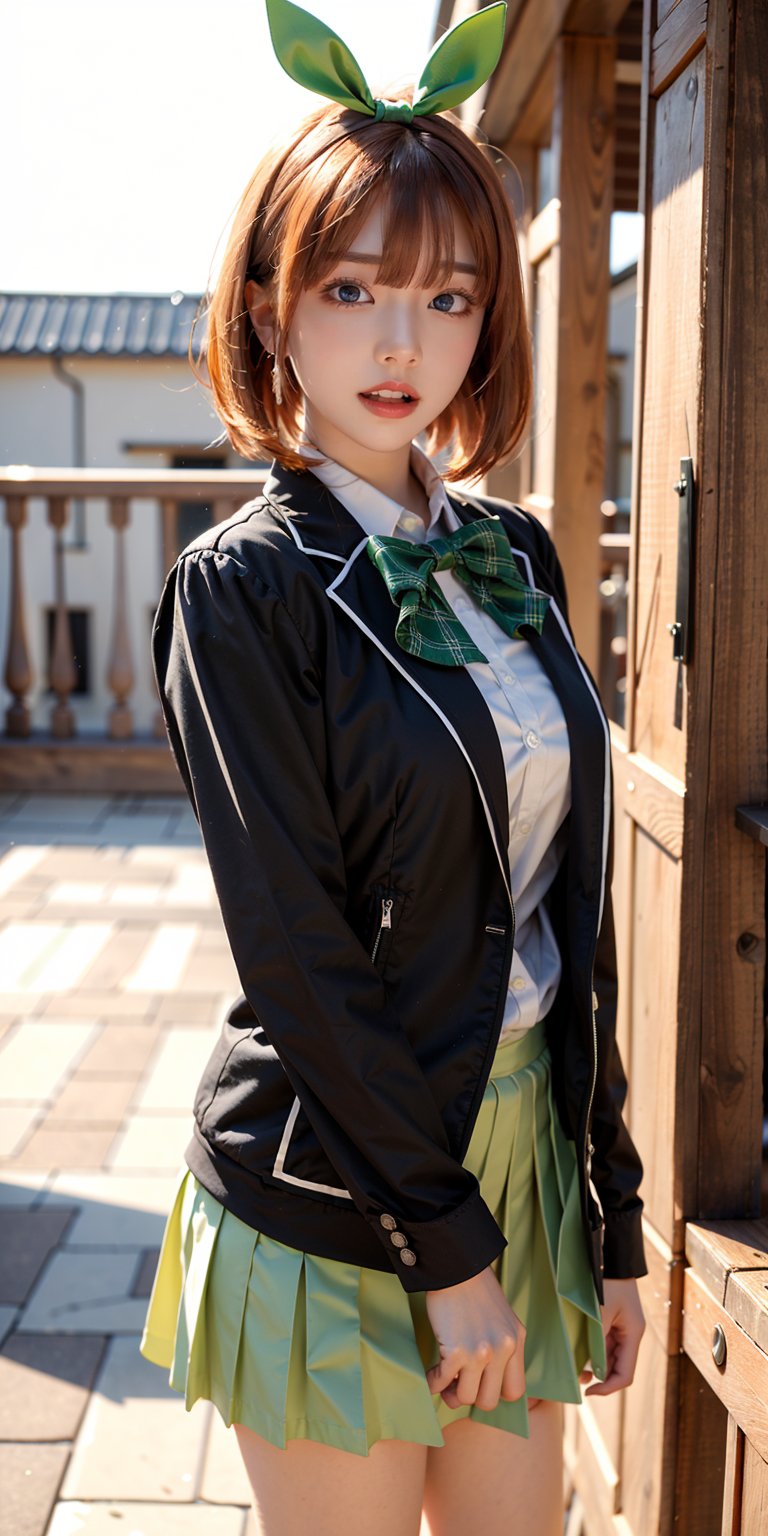 masterpiece, best quality, highres, aayotsuba, short hair,orange color hair, hair ribbon, green ribbon, hairband, green bow, sweater vest, blazer, black jacket, open clothes, long sleeves, green skirt, pleated skirt, , standing, cowboy shot, outdoors, smile, open mouth,cowboy shot:1.3