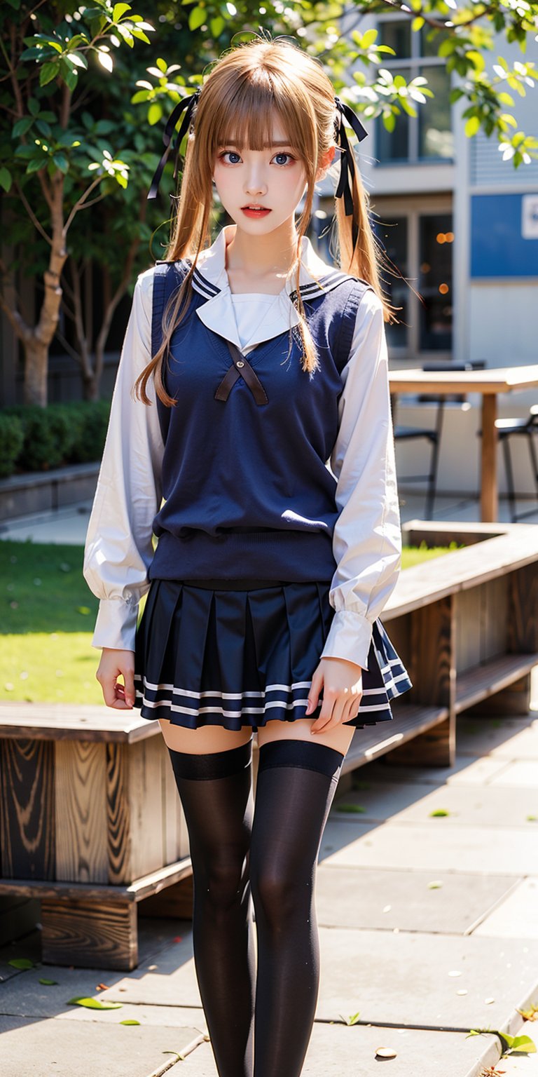 masterpiece, best quality, highres, aaeriri, long hair, twintails, hair ribbon, blond hair,fang, school uniform, sailor collar, white shirt, sweater vest, long sleeves, pleated skirt, black skirt, black thighhighs, , standing, cowboy shot, outdoors,Bomi