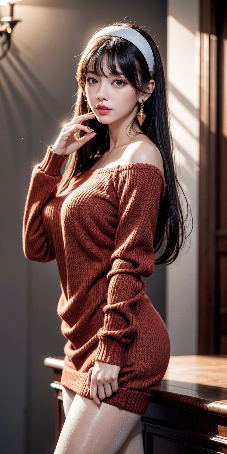 bbyorf, long hair, white hairband, red eyes, gold earrings, large breasts, jewelry, off shoulder, red sweater, sweater dress, long sleeves, black pantyhose