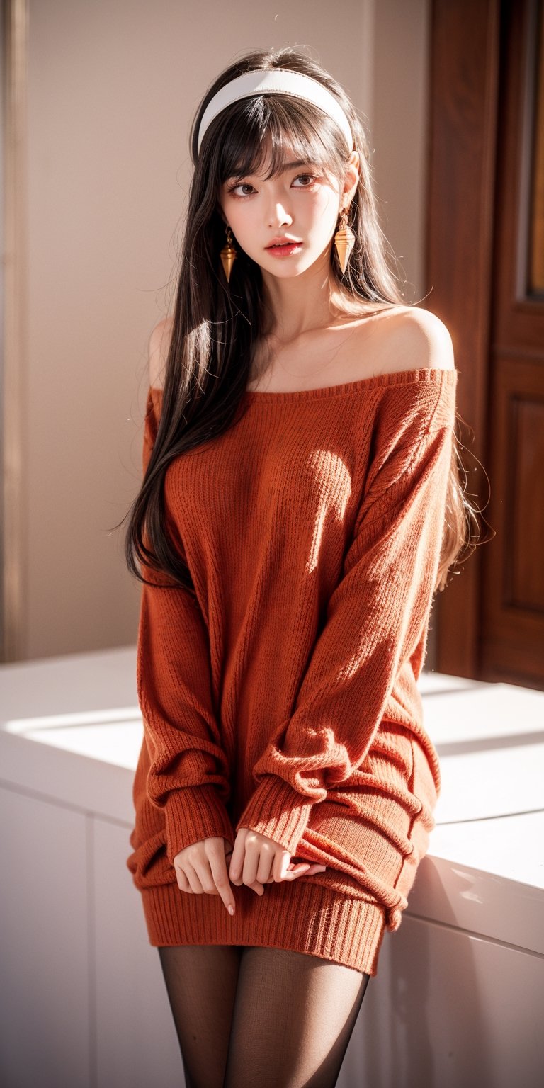 bbyorf, long hair, white hairband, red eyes, gold earrings, large breasts, jewelry, off shoulder, red sweater, sweater dress, long sleeves, black pantyhose