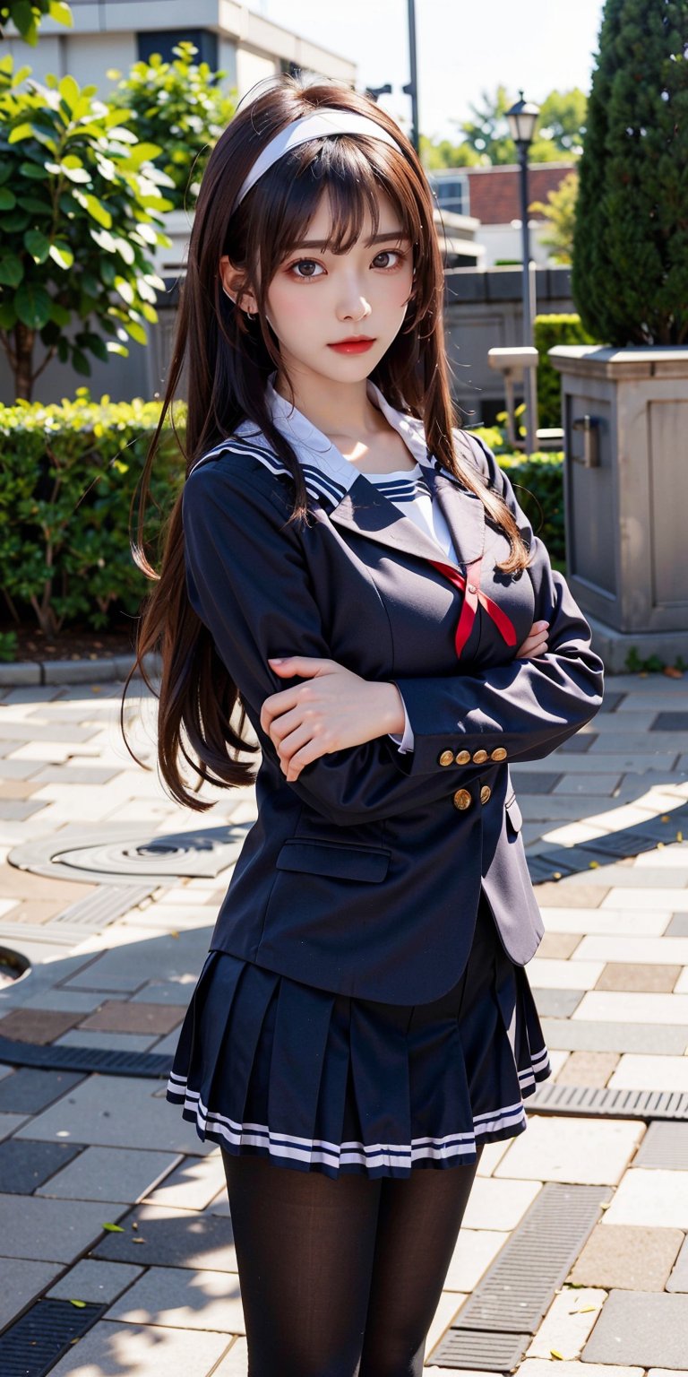 masterpiece, best quality, highres, aautaha, long hair, black hair, hairband, school uniform, sailor collar, blue blazer, long sleeves, pleated skirt, blue skirt, black pantyhose, , standing, cowboy shot, outdoors,cowboy shot:1.3,Bomi