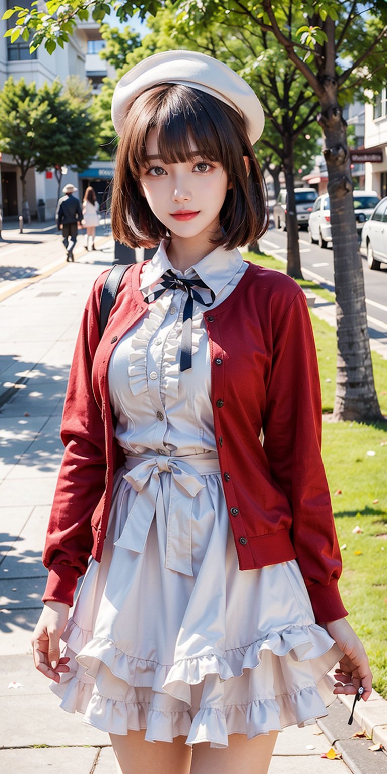 masterpiece, best quality, highres, aamegumi, short hair, beret, white headwear, neck ribbon, frills, white dress, red cardigan, open clothes, long sleeves, white bow, , standing, cowboy shot, outdoors, smile, petals,