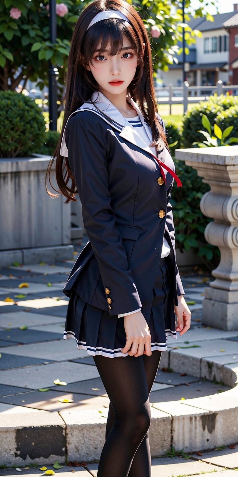 masterpiece, best quality, highres, aautaha, long hair, black hair, hairband, school uniform, sailor collar, blue blazer, long sleeves, pleated skirt, blue skirt, black pantyhose, , standing, cowboy shot, outdoors,cowboy shot:1.3,Bomi