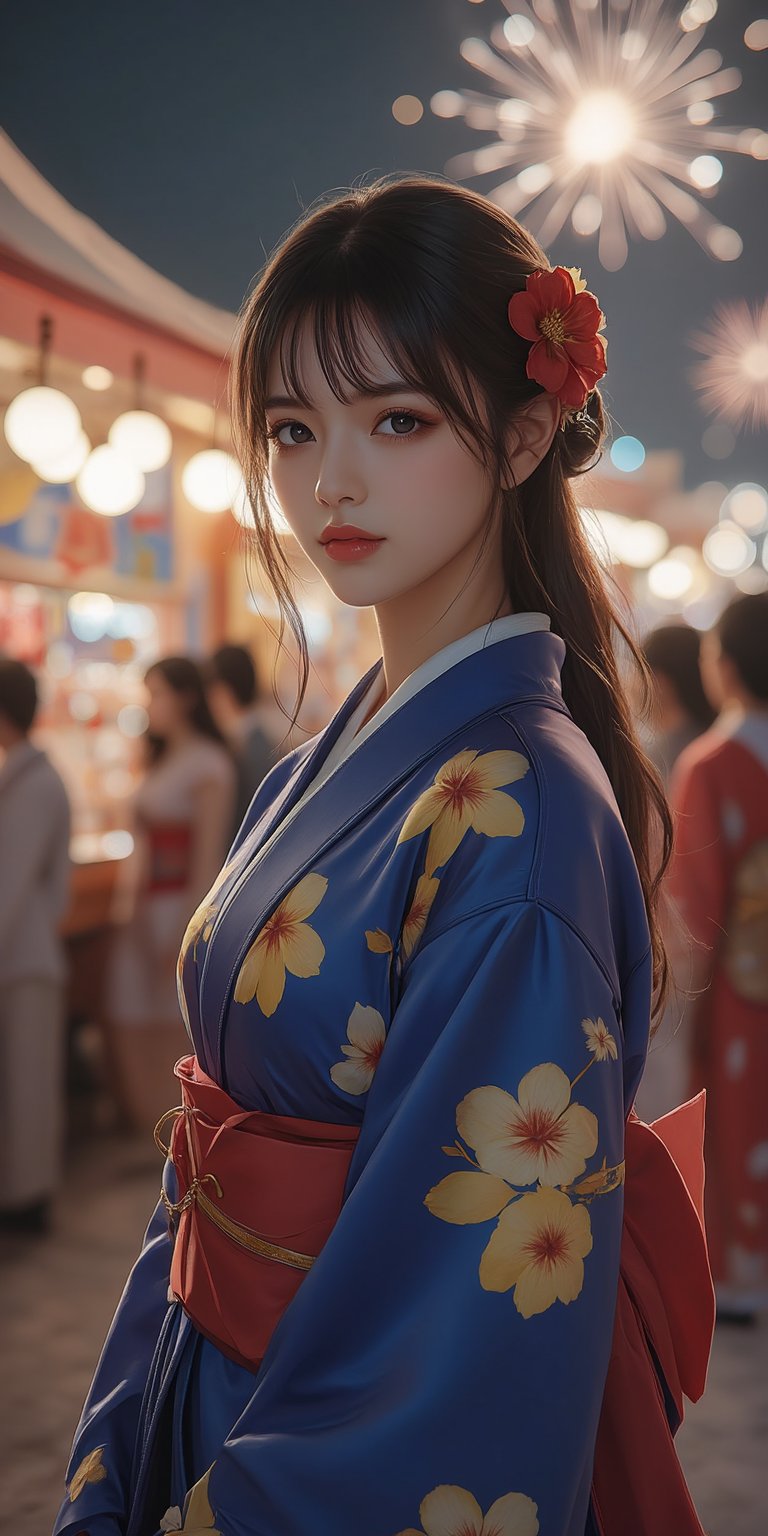 masterpiece,best quality,realstic photo,1 girl,20 years old,solo,wearing blue Yukata with red yukata belt,detailed yellow flower pattern on blue yukata,pretty face,oval face,japan idol face,long eyelash,double eyelid,fair skin,detailded brown eyes,open lips,looking at viewer,huroglass body,curvy body,perfect body Proportion,perfect hands,perfect fingers,right hands tidy her hair,blunt bangs,half updo,red flower hair accessories,at night,shot in Summer Festival in Japan,lots of Japanese stalls in the summer festival,lots of janpanese wearing yukata enjoy summer festival in background,fireworks on the night sky,warming lighting come from Japanese stalls,cinematic lighting,dynamatic lighting,attractive standing pose,