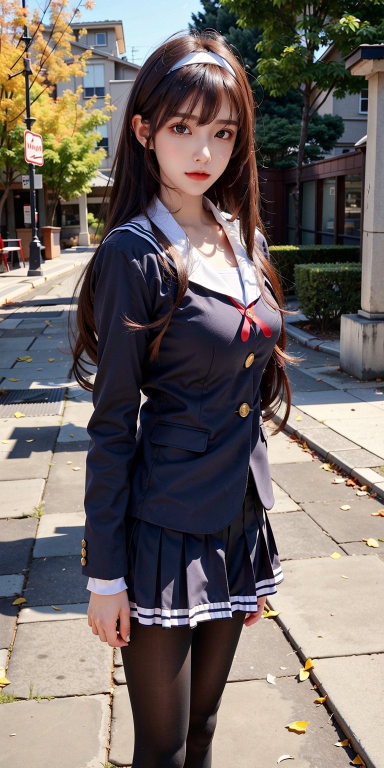 masterpiece, best quality, highres, aautaha, long hair, black hair, hairband, school uniform, sailor collar, blue blazer, long sleeves, pleated skirt, blue skirt, black pantyhose, , standing, cowboy shot, outdoors,cowboy shot:1.3