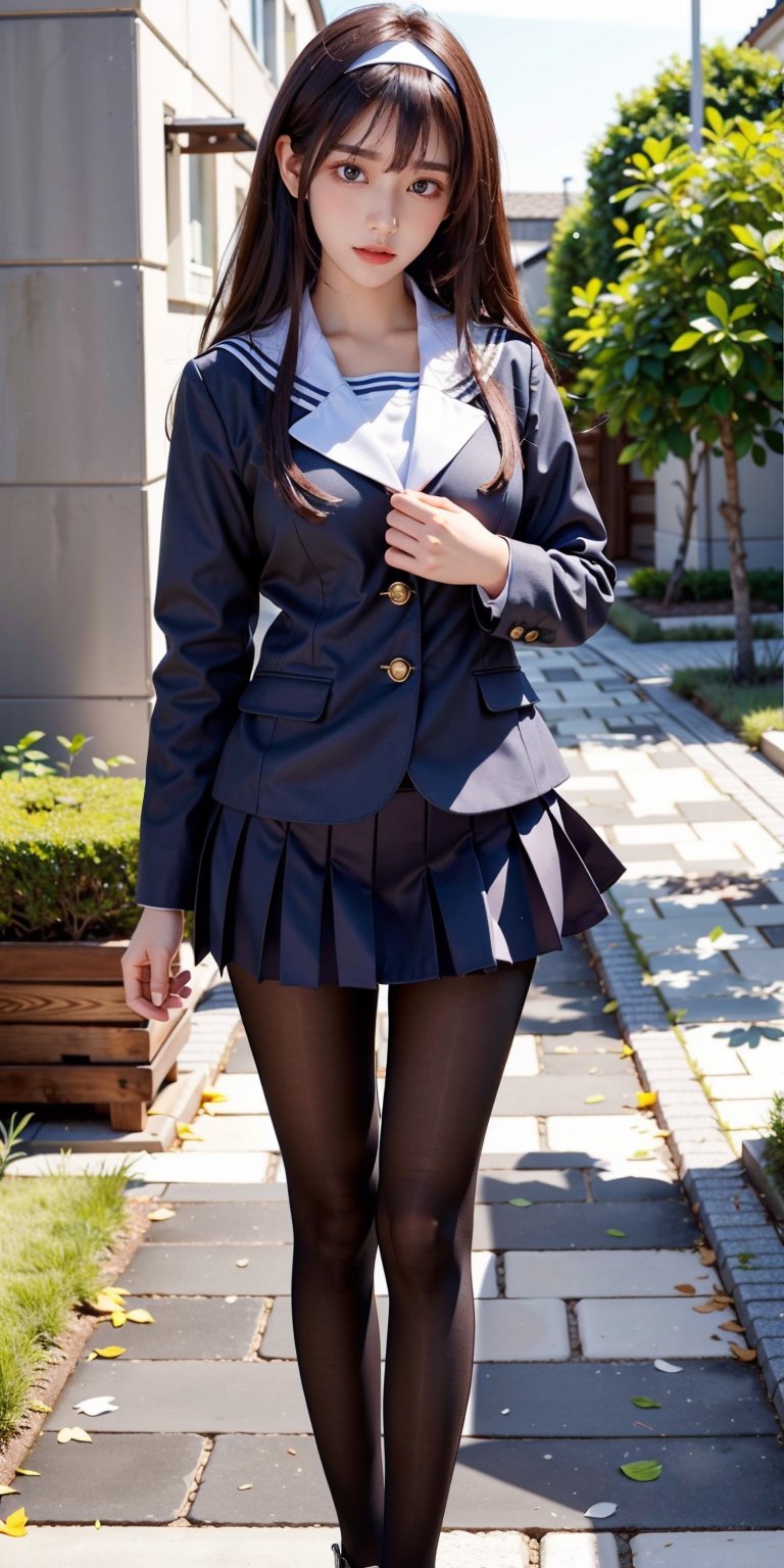 masterpiece, best quality, highres, aautaha, long hair, black hair, hairband, school uniform, sailor collar, blue blazer, long sleeves, pleated skirt, blue skirt, black pantyhose, , standing, cowboy shot, outdoors,cowboy shot:1.3,Bomi