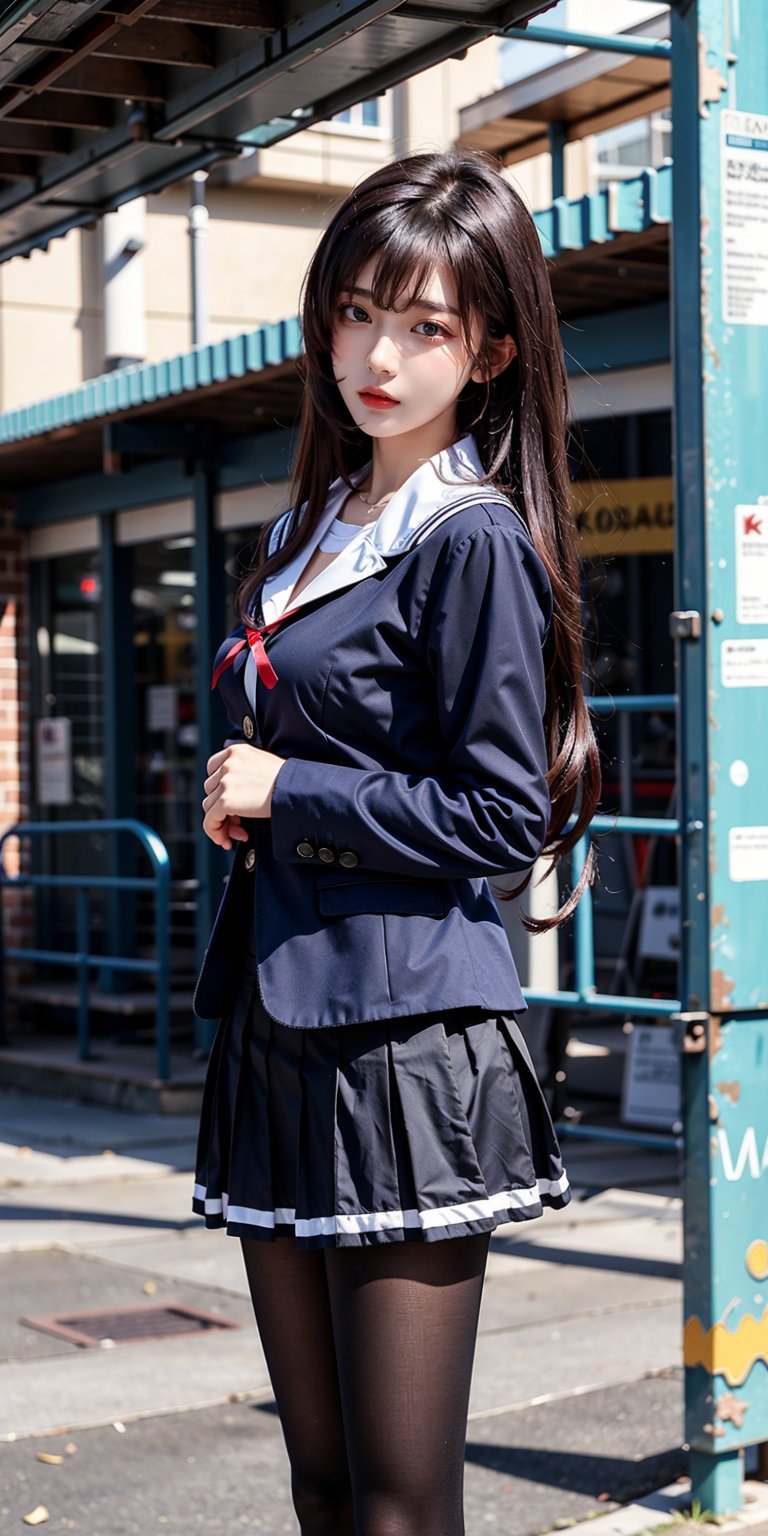 masterpiece, best quality, highres, aautaha, long hair, black hair, hairband, school uniform, sailor collar, blue blazer, long sleeves, pleated skirt, blue skirt, black pantyhose, , standing, cowboy shot, outdoors,cowboy shot:1.3,Bomi