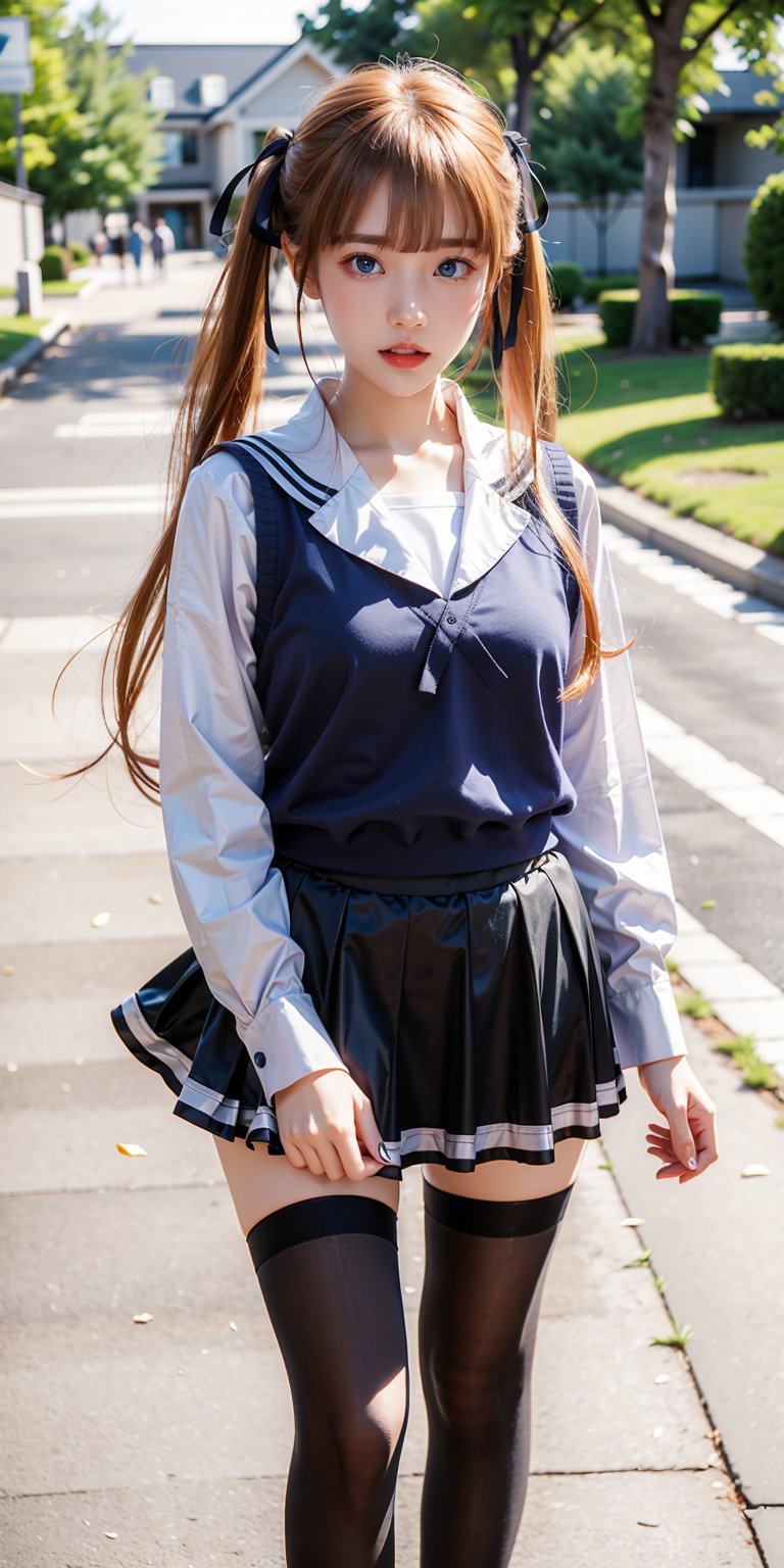 masterpiece, best quality, highres, aaeriri, long hair, twintails, hair ribbon, blond hair,fang, school uniform, sailor collar, white shirt, sweater vest, long sleeves, pleated skirt, black skirt, black thighhighs, , standing, cowboy shot, outdoors,Bomi