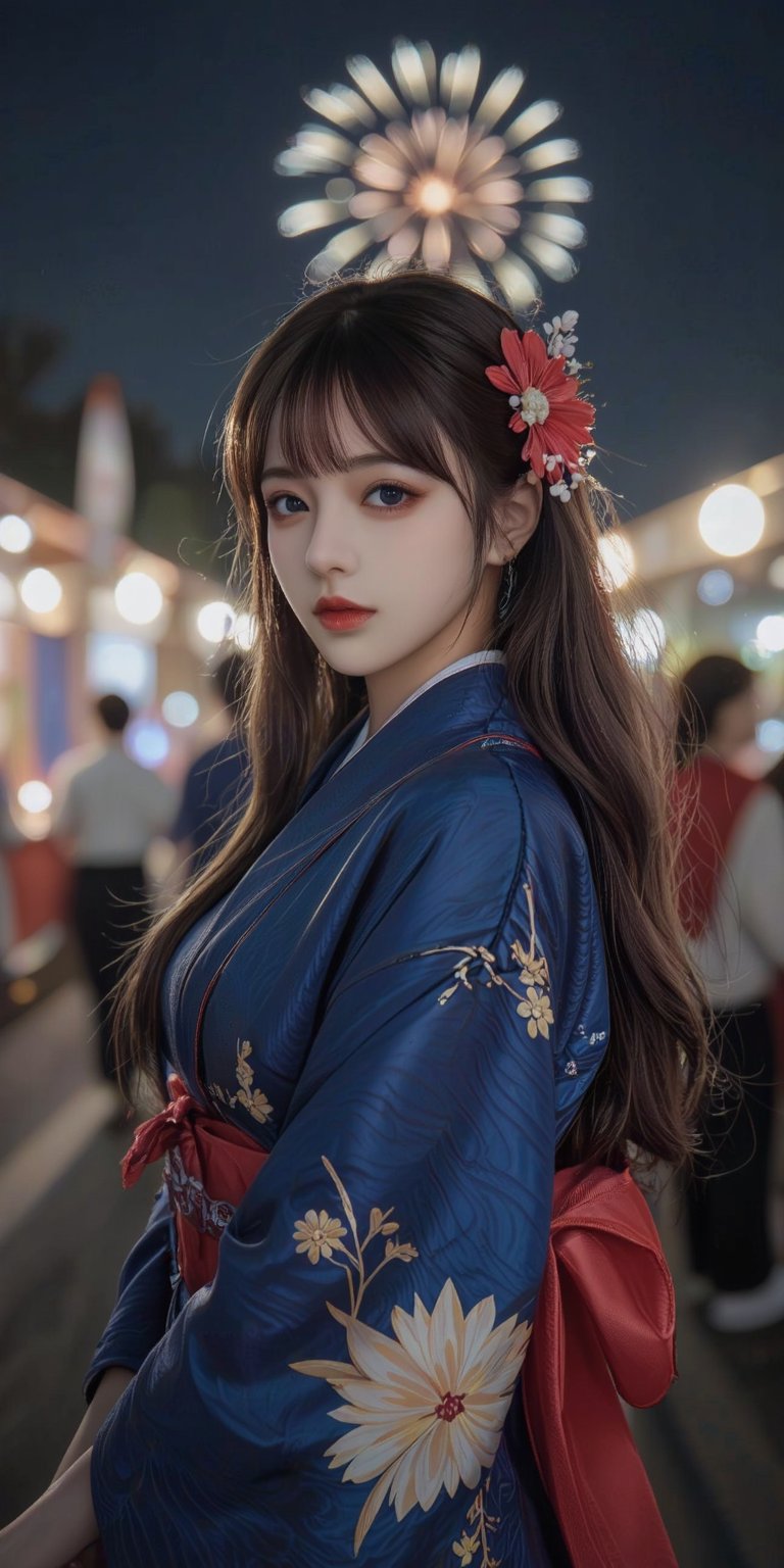 masterpiece,best quality,1 girl,20 years old,solo,wearing blue Yukata with red yukata belt,detailed yellow flower pattern on blue yukata,pretty face,oval face,japan idol face,long eyelash,double eyelid,fair skin,detailded brown eyes,open lips,looking at viewer,huroglass body,curvy body,perfect body Proportion,perfect hands,perfect fingers,right hands tidy her hair,blunt bangs,half updo,red flower hair accessories,at night,shot in Summer Festival in Japan,lots of Japanese stalls in the summer festival,lots of janpanese wearing yukata enjoy summer festival in background,fireworks on the night sky,warming lighting come from Japanese stalls,cinematic lighting,dynamatic lighting,attractive standing pose,