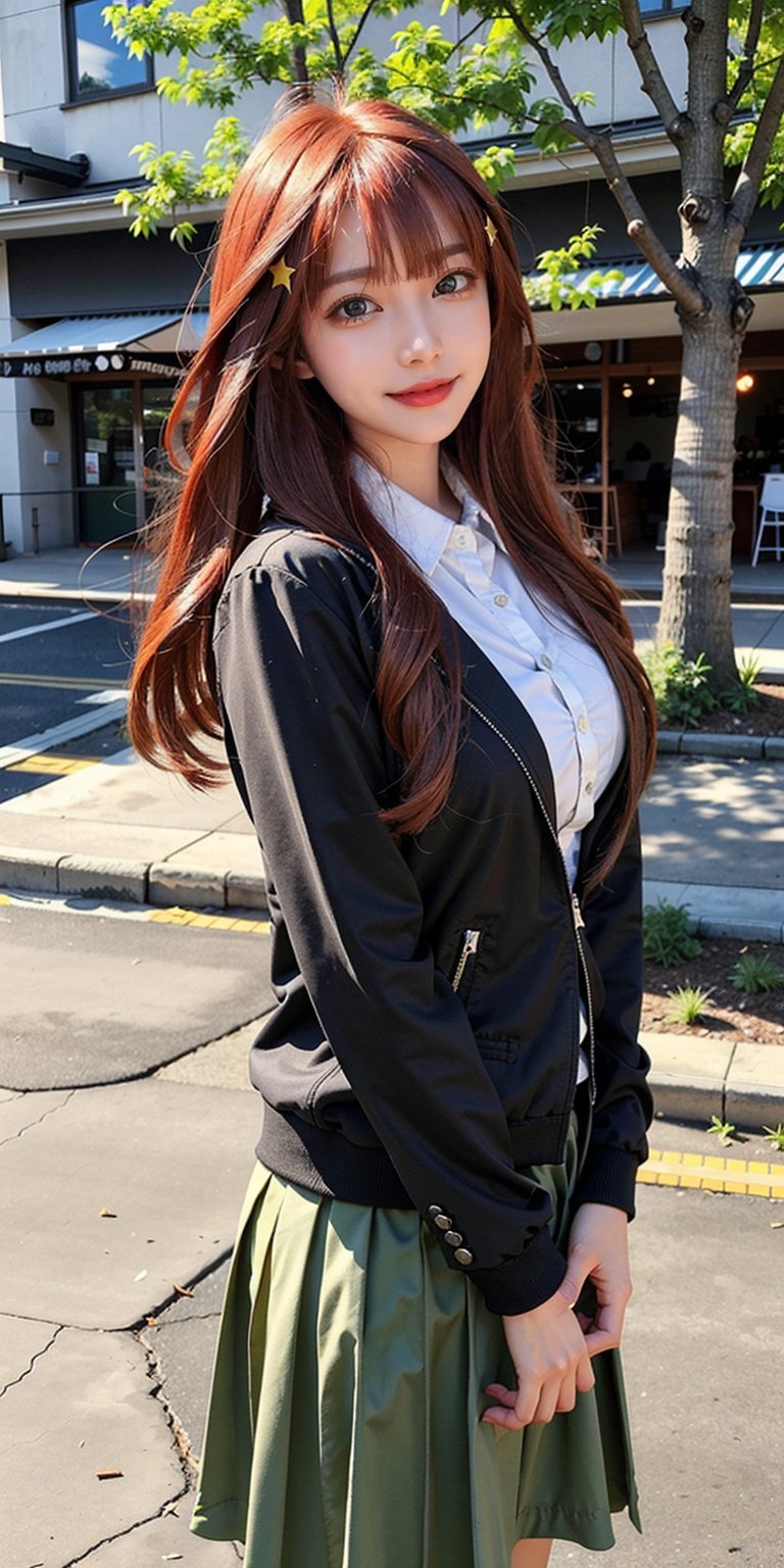 masterpiece, best quality, highres, aaitsuki, long hair, red hair,ahoge, star hair ornament:1.2, school uniform, blazer, black jacket, open jacket, red sweater, long sleeves green skirt, pleated skirt, , cowboy shot, standing, smile, outdoors, arms at sides,