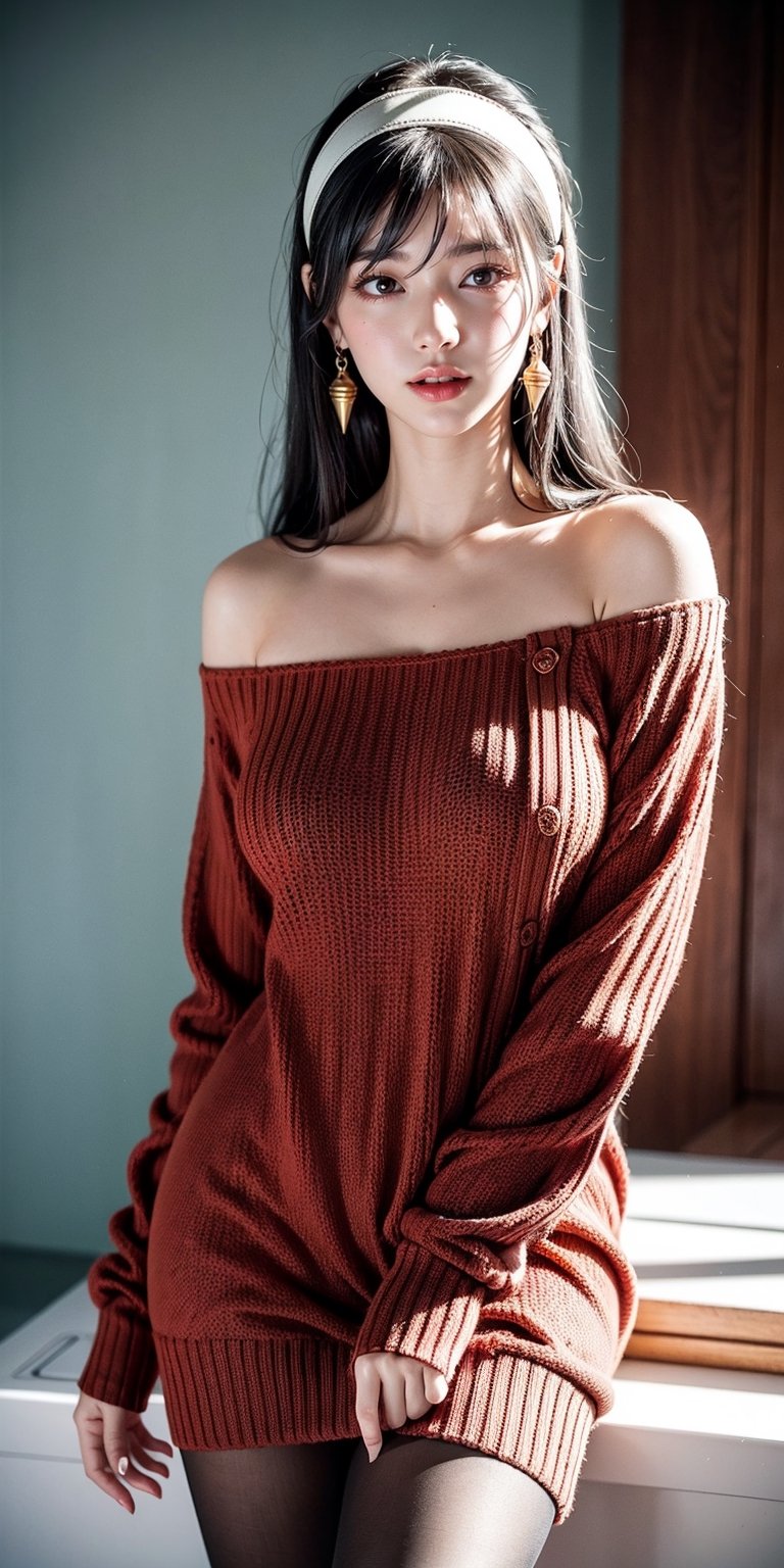 bbyorf, long hair, white hairband, red eyes, gold earrings, large breasts, jewelry, off shoulder, red sweater, sweater dress, long sleeves, black pantyhose