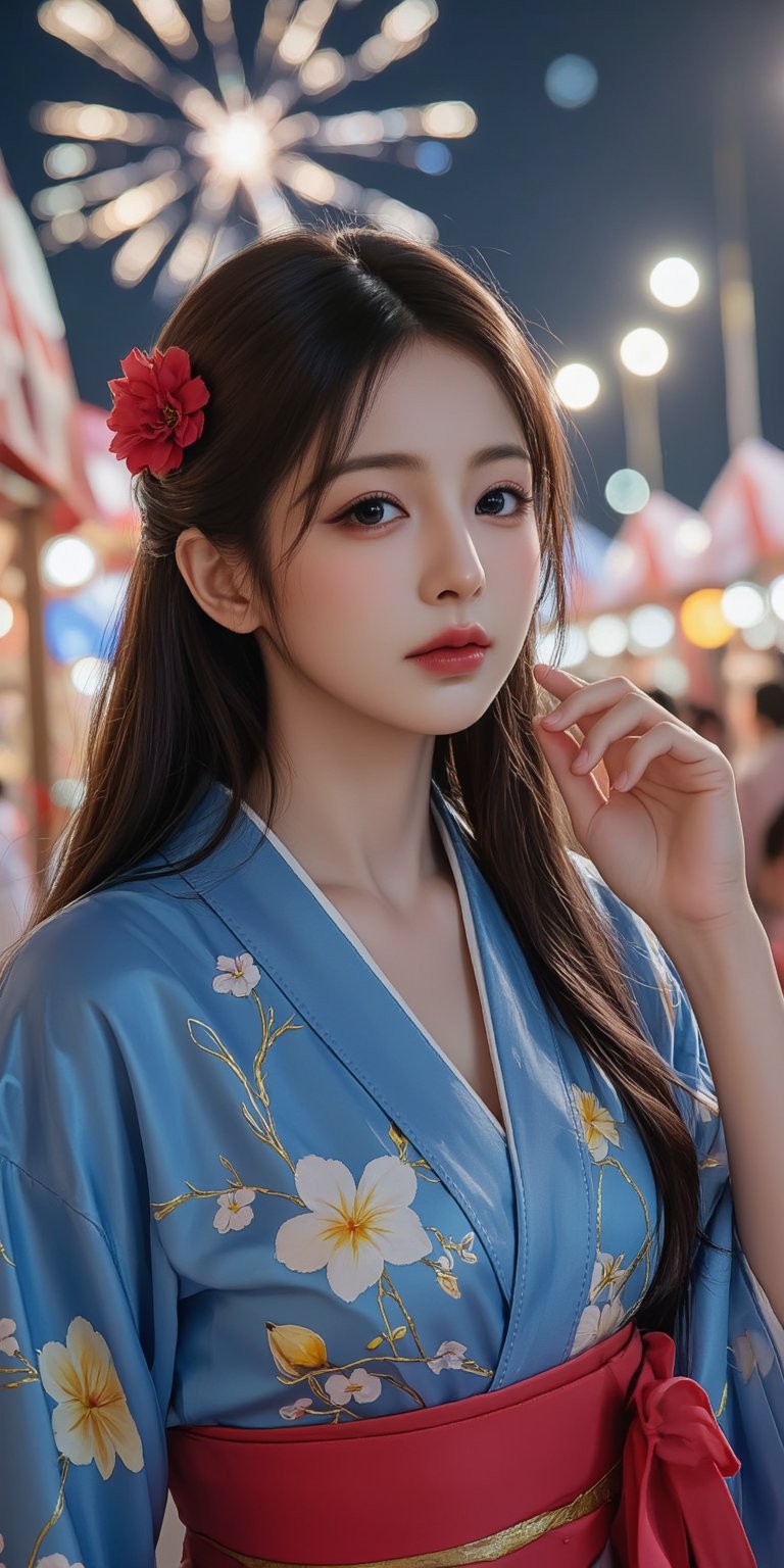 masterpiece,best quality,1 girl,20 years old,solo,wearing blue Yukata with red yukata belt,detailed yellow flower pattern on blue yukata,pretty face,oval face,japan idol face,long eyelash,double eyelid,fair skin,detailded brown eyes,open lips,looking at viewer,huroglass body,curvy body,perfect body Proportion,perfect hands,perfect fingers,right hands tidy her hair,blunt bangs,half updo,red flower hair accessories,at night,shot in Summer Festival in Japan,lots of Japanese stalls in the summer festival,lots of janpanese wearing yukata enjoy summer festival in background,fireworks on the night sky,warming lighting come from Japanese stalls,cinematic lighting,dynamatic lighting,attractive standing pose,