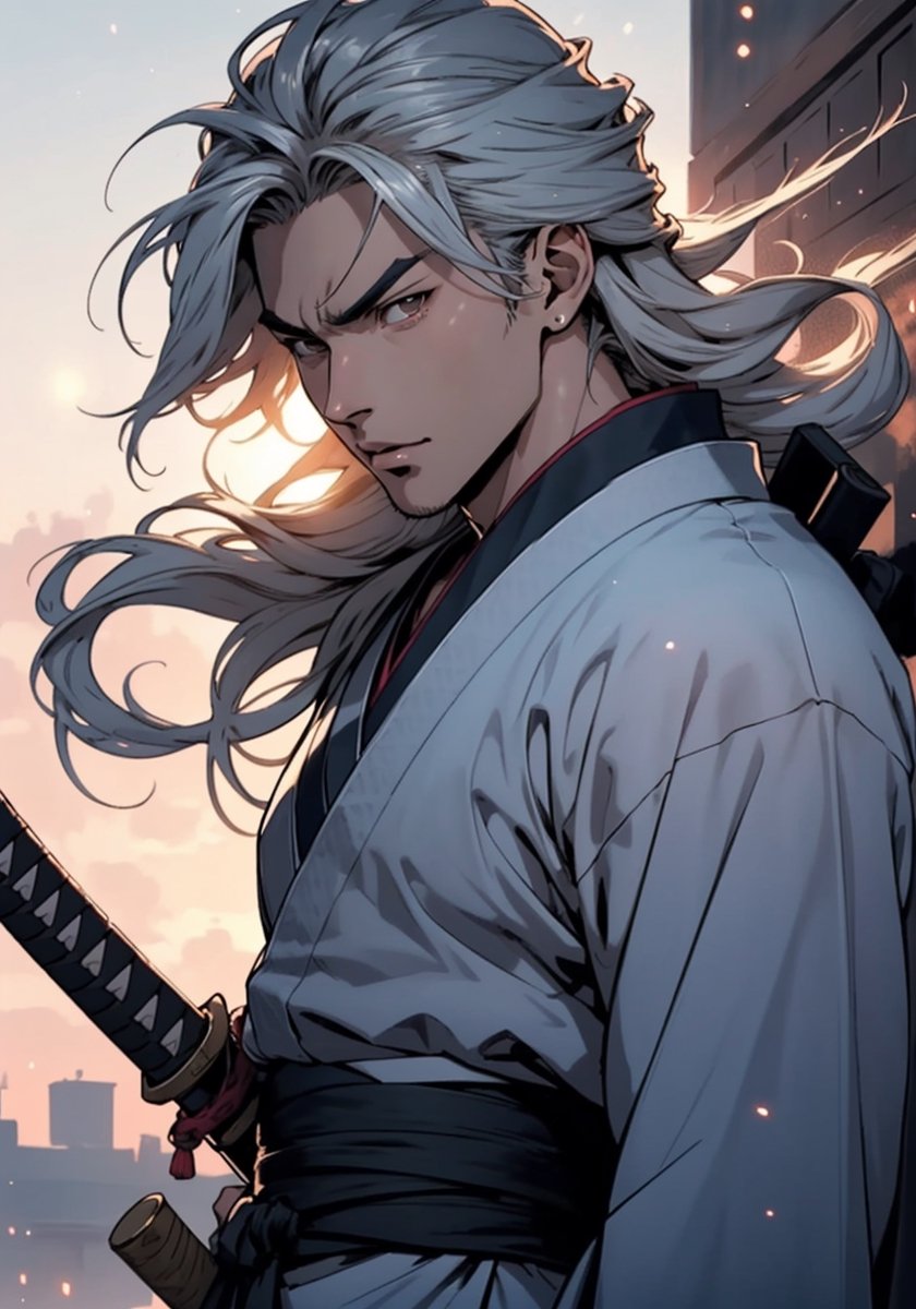 (SAMURAI_WITH_KATANA:1.5) (SIMPLE_BACKGROUND:1.5)(LONG_HAIRED_MALE:1.7)(LONG_BLACK_HAIRED_MALE_SAMURAI:1.5), (FACE_FOCUS SMART_face:1.5)  (wears blue traditional ancient samurai_kimono:1.5) by Frank_Franzetta_Style, (Gorgeous_PERFECT_SILVER_EYES:1.5) ANGLE view, best quality, masterpiece, beautiful and aesthetic, 16K, (HDR:1.4), high contrast, bokeh:1.2, lens flare, (vibrant color:1.4), (muted colors, dim colors, soothing tones:0), cinematic lighting, ambient lighting, sidelighting, Exquisite details and textures, cinematic shot, Cold tone, (Bright and intense:1.2), wide shot, ultra realistic illustration, siena natural ratio, anime style, Pale skin, silver eyes, juicy lips, Long Eyelashes, thin waist,  1MALE, animeniji, niji, Male focus, , anime, Handsome Thai Men, LINEART, gufeng, niji5, ,oda non,nodf_lora,wrenchftmfshn,90s anime,,niji,Niji style 