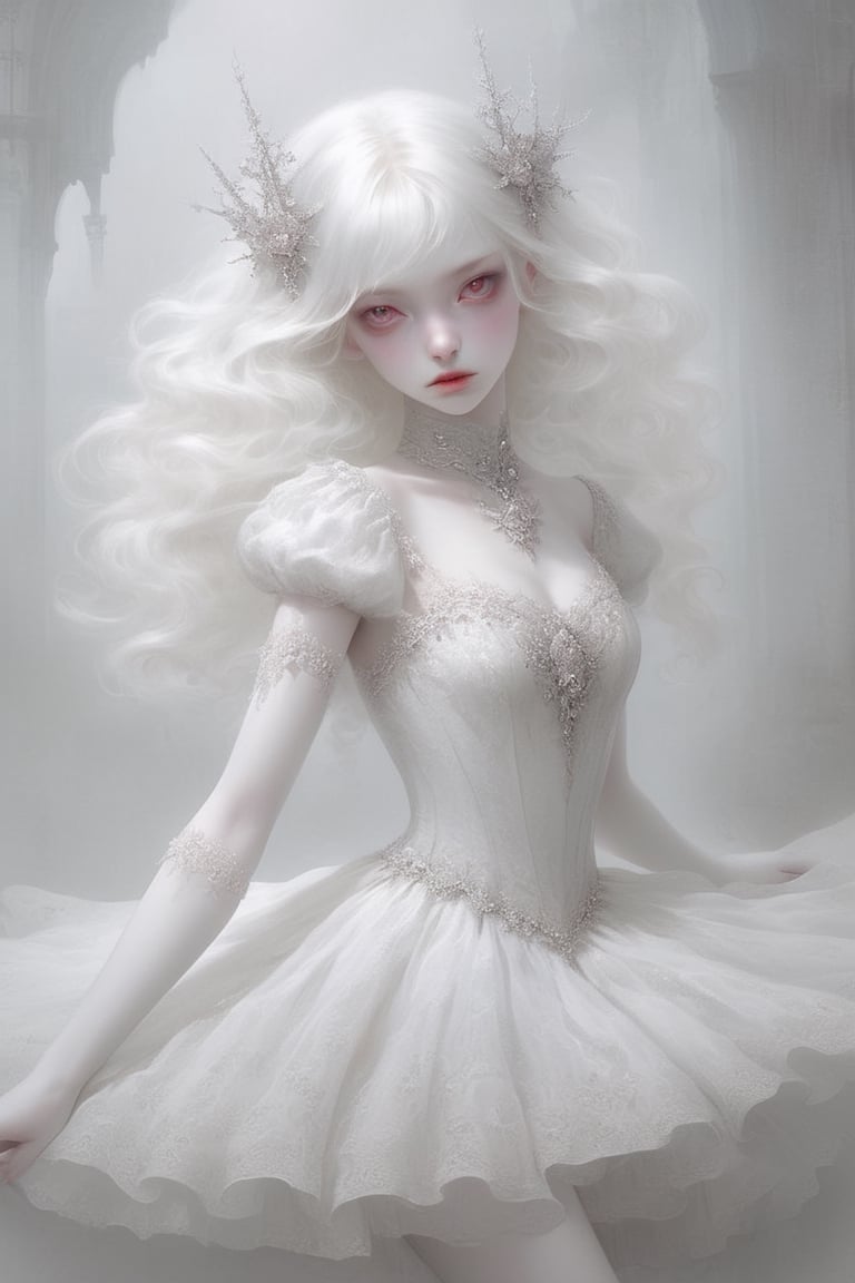 vampiric_mystic_vibe, (SAD:1.5),albino demon girl with enchantingly beautiful, alabaster skin, (white_lace_ballerina_dress with silver_ornates by huang guangjiang:1.2). 
girl has Beautiful glowing red eyes,soft expression,Depth and Dimension in the Pupils,
white eyelashes, Her porcelain-like white skin reflects an almost celestial glow, highlighting her ethereal nature,Every detail of her divine lace costume is meticulously crafted, adorned with jewels that sparkle with a divine radiance, 
Capture the subtle intricacies of the lacework, emphasizing the delicate patterns that complement her unearthly features. From the curve of her horns to the flowing elegance of her dress, every aspect contributes to an aura of supernatural allure. The jewels, carefully placed, create a mesmerizing dance of light that enhances her divine presence, Consider the composition to portray her in a setting that complements her celestial beauty, whether it's a moonlit garden or a mystical realm, Illuminate the scene with soft, enchanting light to accentuate the magical and mysterious atmosphere,The overall goal is to evoke a sense of wonder and captivation, celebrating the unique and transcendent beauty of this albino demon girl, goth person,LegendDarkFantasy,glitter,Decora_SWstyle