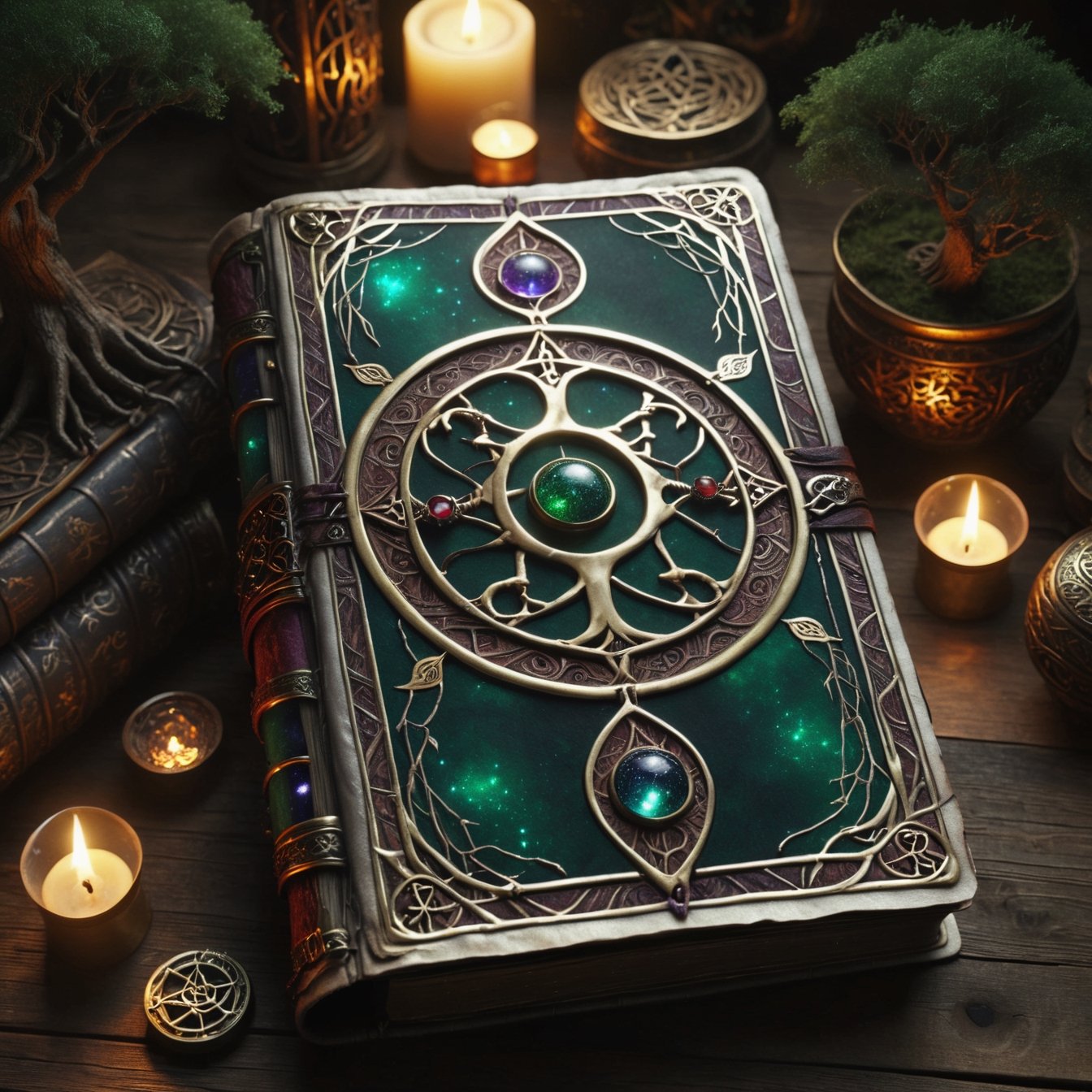 (an ancient ornate intricate CLOSED old tome spell book with the sigil symbol of a TREE_OF_LIFE emblazoned on the cover), magical and mysterious atmosphere, cinematic, realistic, intricate detail,  hyperdetailed_iridescent_silk-thread-like_ornates, finely detailed, small details, extra detail, (LYING ON A WOOD TABLE around with hypeddetailed tarot cards)  photorealistic, high resolution, path tracing, volumetric lighting, octane render, arnold render, 16k artistic photography, photorealistic concept art, soft natural volumetric cinematic perfect light,DonMD34thM4g1cXL,Magical Fantasy style,more detail XL