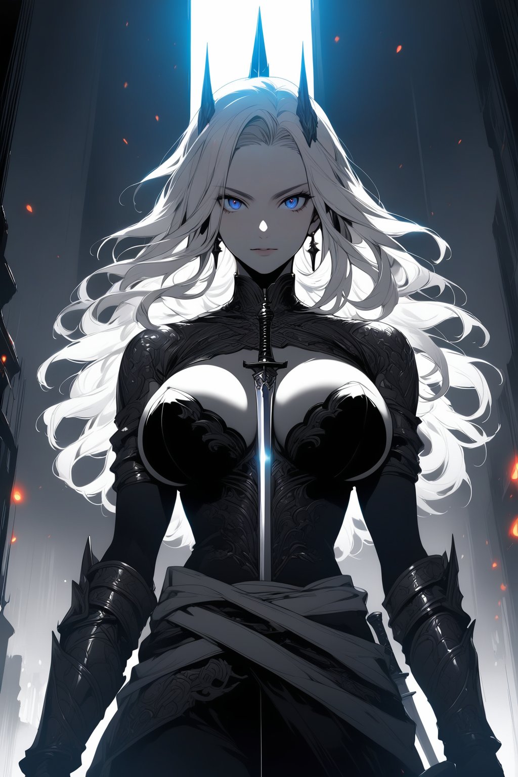 Anime character, warrior, fearless, long silver hair, beautiful face, sword, sexy, double D sized breast, detailed, illustration, vibrant, vivid, high contrast, digital painting, sharp focus, fantasy, anime enthusiasts