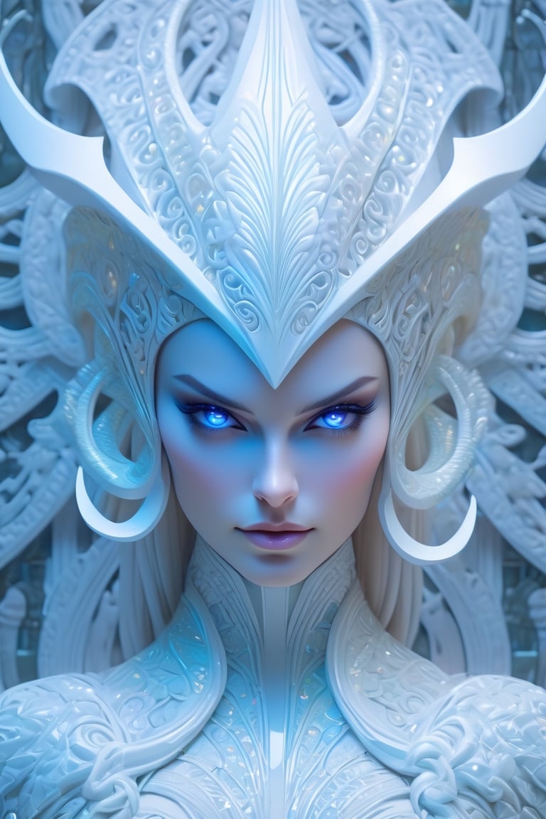 Beautiful glamorous woman, symmetrical face, white ceramic skin, using an intricate opalescent armor, the illumination inside is bright, damask pattern art by Demiurge Ash, 3 d model, very coherent symmetrical artwork, unreal engine realistic render, 8 k, micro detail, clear glass intricate details, portrait of a beautiful person, elegant, highly detailed, digital painting, artstation, smooth, sharp focus, art by artgerm, tomasz alen kopera,giger, wlop