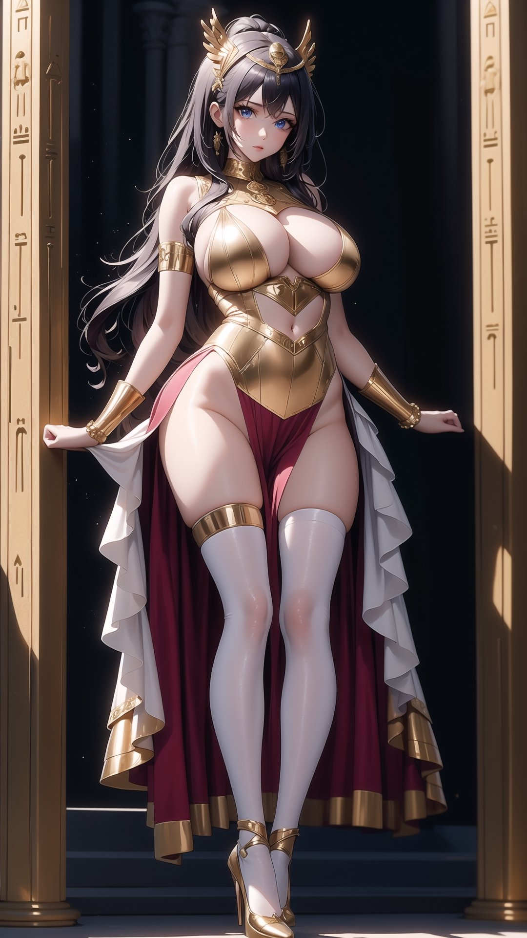  1woman, egyptian woman, Pretty Missy, small breasts, Small tits,  Long Curly Hair, Blue Eyes, Long Heeled, (gold stockings), Jewelry and Jewel, Floating Silk Ribbon, Masterpiece, High Detail, Bulky Lighting, egyptian temple, silk costume,