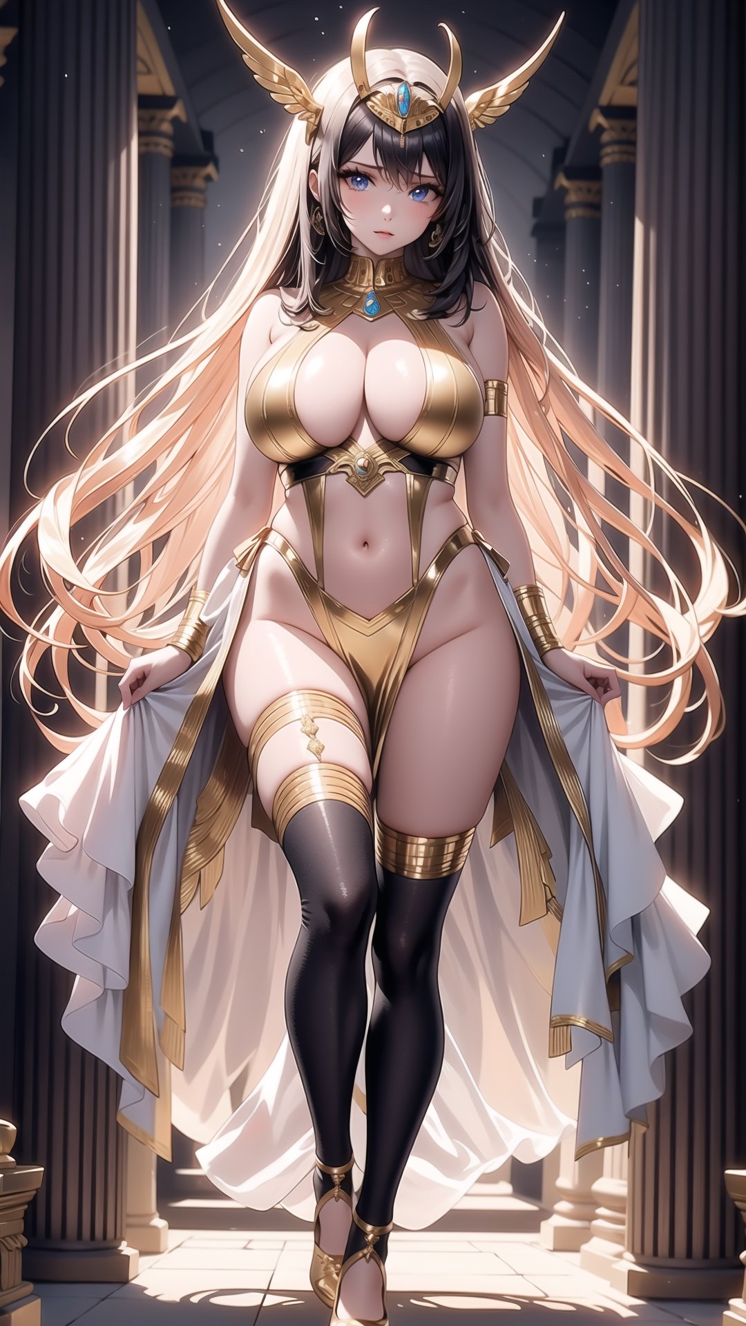  1woman, egyptian woman, Pretty Missy, small breasts, Small tits,  Long Curly Hair, Blue Eyes, Long Heeled, (gold stockings), Jewelry and Jewel, Floating Silk Ribbon, Masterpiece, High Detail, Bulky Lighting, egyptian temple, silk costume,