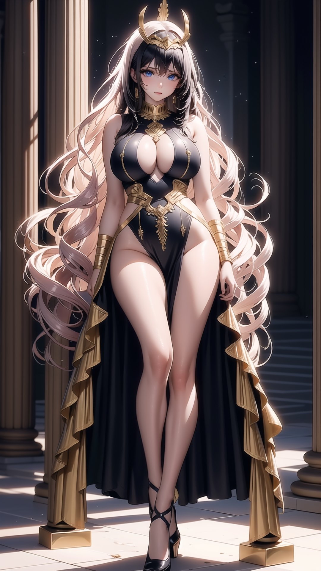  1woman, egyptian woman, Pretty Missy, small breasts, Small tits,  Long Curly Hair, Blue Eyes, Long Heeled, (gold stockings), Jewelry and Jewel, Floating Silk Ribbon, Masterpiece, High Detail, Bulky Lighting, egyptian temple, silk costume,