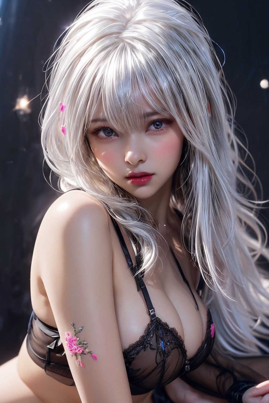 (WHITE PORTRAIT) (WHite hair girl in black transparent lingerie:1.5) masterpiece , best quality , ultra detailed , "detailed background" , perfect shading , high contrast , best illumination , extremely detailed , naked, ray tracing , realistic lighting effects , (beautiful detailed face , beautiful detailed symmetrical eyes:1.5) , one girl , full lips , light smile , long-hair , long_white-silver_hair, (shiny__only_silver_ornates and anccessories) , (only_blackTRANSPARENT lingerie with only silver embroidery:1.5) , best lighting , full_length_portrait , beautiful white_marble_wall background , depth_of_field,midjourney,glitter,shiny,mecha,chinatsumura, leg_spread, ultra detailed eyes, ultra detailed skin, nipples exposed,stocking, full body, perfect legs spread, exposing perfect pussy, full shot