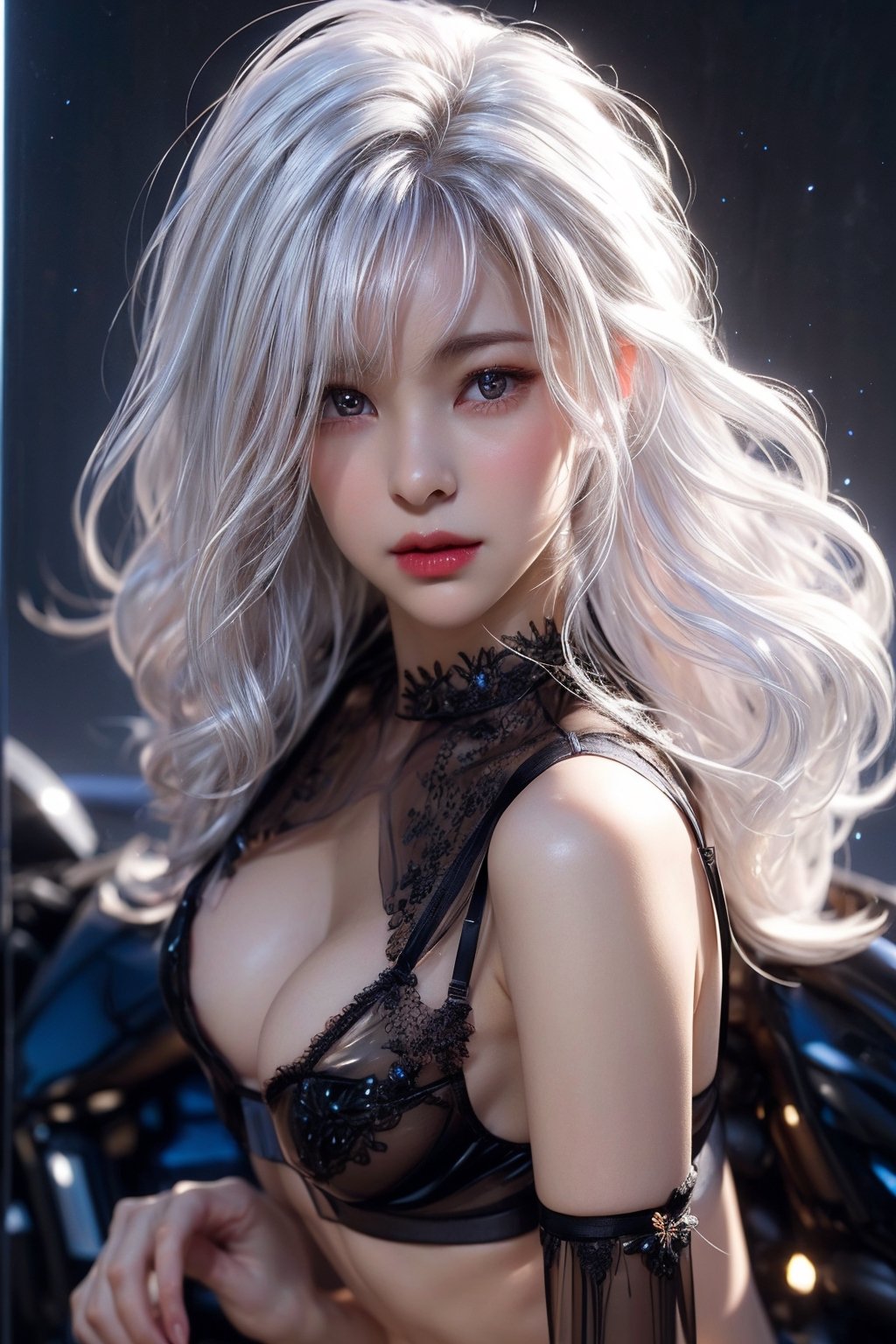 (WHITE PORTRAIT) (WHite hair girl in black transparent lingerie:1.5) masterpiece , best quality , ultra detailed , "detailed background" , perfect shading , high contrast , best illumination , extremely detailed , naked, ray tracing , realistic lighting effects , (beautiful detailed face , beautiful detailed symmetrical eyes:1.5) , one girl , full lips , light smile , long-hair , long_white-silver_hair, (shiny__only_silver_ornates and anccessories) , (only_blackTRANSPARENT lingerie with only silver embroidery:1.5) , best lighting , full_length_portrait , beautiful white_marble_wall background , depth_of_field,midjourney,glitter,shiny,mecha,chinatsumura, leg_spread, ultra detailed eyes, ultra detailed skin, nipples exposed,stocking, full body, perfect legs spread, exposing perfect pussy, full shot