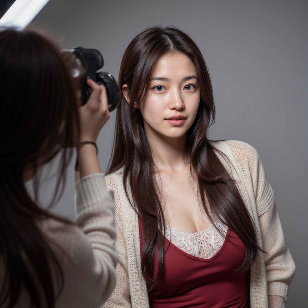 Photorealistic image of a female model posing in a professional photo studio, photographer capturing the scene, studio lighting, stylish outfit, Canon EOS R5, detailed textures, modern setup, dynamic composition, sharp focus, commercial appeal.,shiho