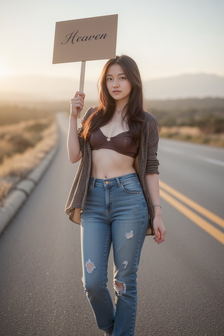 Photorealistic image of a female hitchhiker standing by the road, holding a sign reading "Heaven," casual outfit, natural lighting, wide-open road, warm tones, serene expression, Canon EOS R5, detailed textures, expansive sky, journey theme, commercial appeal.,shiho