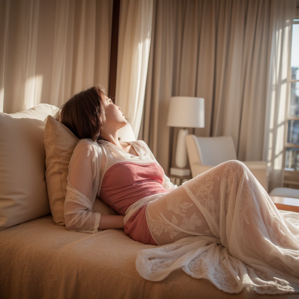 Photorealistic image of a woman lying on a luxurious canopy bed in a high-end hotel, elegant bedding, soft lighting, relaxed pose, serene expression, detailed textures, warm tones, Canon EOS R5, cozy atmosphere, refined decor, commercial appeal.,shiho