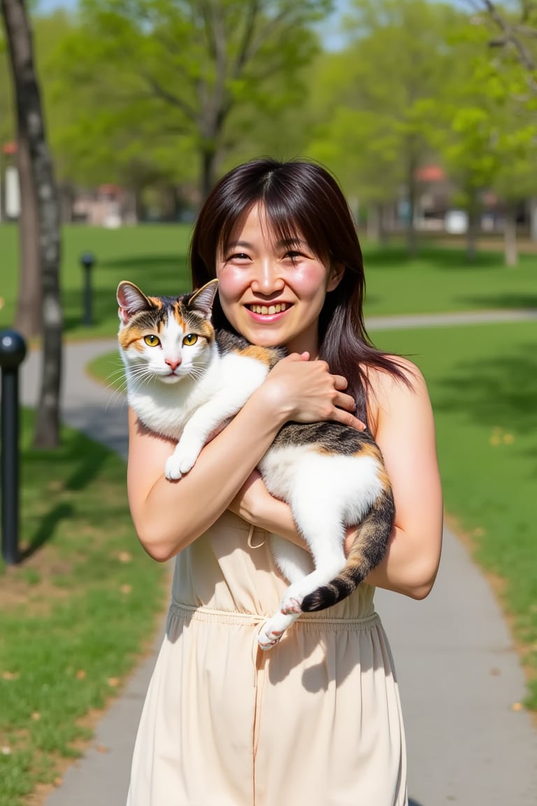 "A young woman walking in a park on a sunny day, holding her calico cat in her arms. She is wearing a light, casual dress, smiling naturally. The background is filled with green trees and blooming flowers. The atmosphere is joyful and calm, emphasizing her love for her cat and nature.", shiho,