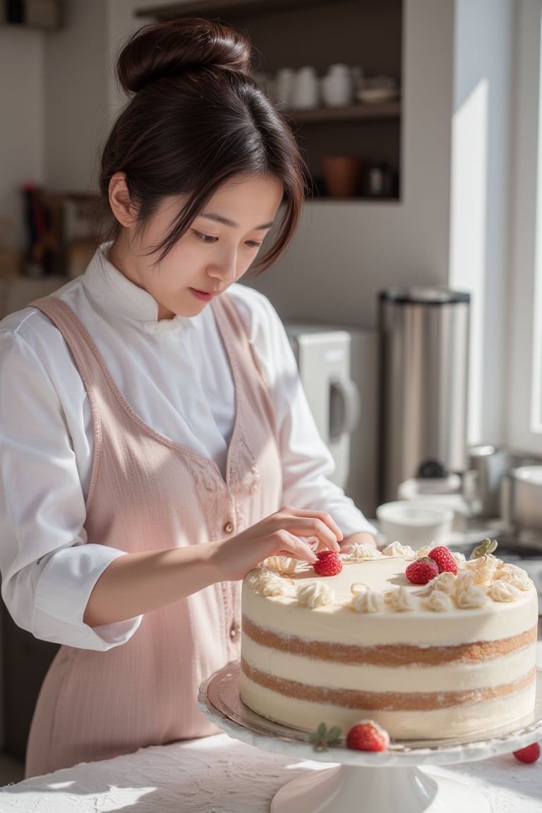 Photorealistic image of a female pastry chef crafting a beautiful cake, professional kitchen, natural lighting, detailed decorations, elegant uniform, vibrant colors, focused expression, Canon EOS R5, precise details, high-end pastry, commercial appeal.　,shiho