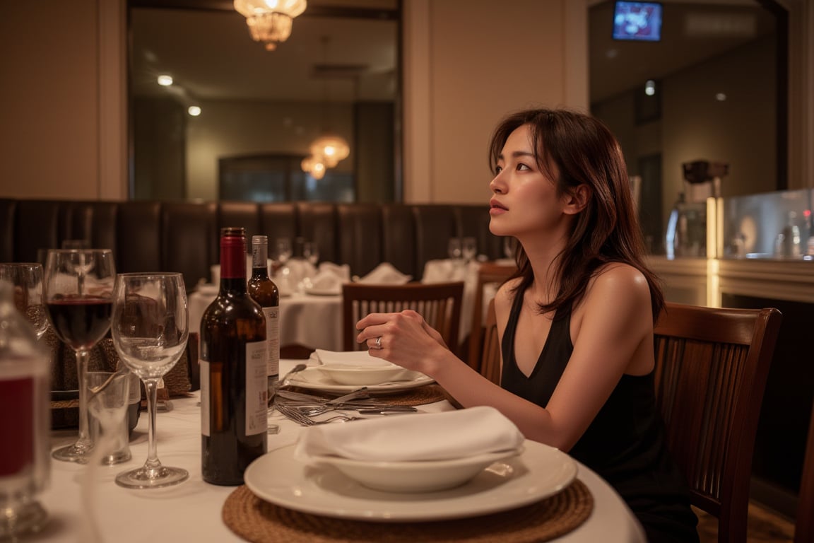 Photorealistic image of a woman dining at a luxurious French restaurant, elegant attire, soft ambient lighting, fine dining setup, detailed tableware, refined decor, Canon EOS R5, relaxed expression, warm tones, high-end atmosphere, commercial appeal.,shiho