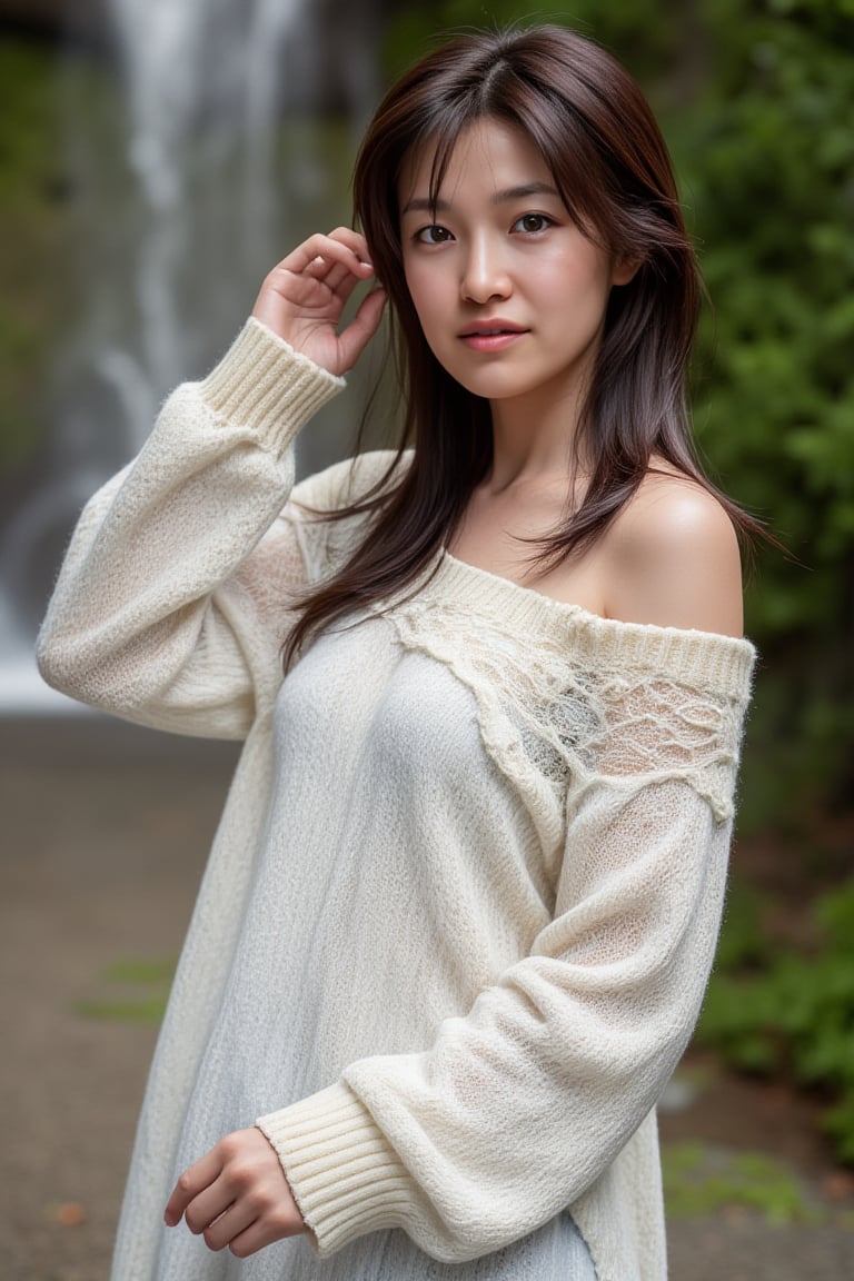 Photorealistic image of a woman,
smile for camera, upper body, shiho
"white off shoulder sweater with embroidered details."
 shiho, (best quality), (masterpiece), 16k, 8K, ultra detailed, detailed skin, detailed face, masterpiece, best quality, ultra-detailed, intricate details, high resolution, 8k, sharp focus, vivid colors, high contrast, cinematic lighting, "Majestic waterfall cascading through a lush tropical forest.", "A winding trail leading to an ancient, moss-covered shrine."
shiho