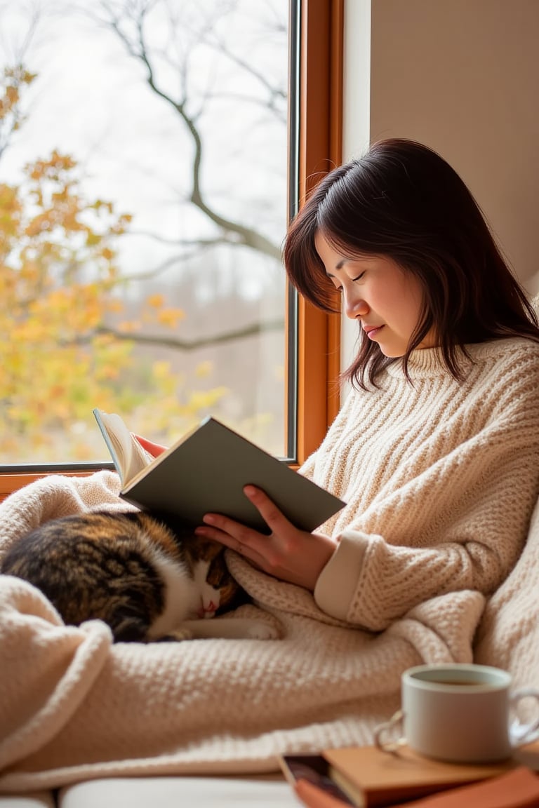 "A 27-year-old woman sitting by a window, wrapped in a blanket, reading a book on an autumn afternoon. She is wearing a soft, oversized sweater, and her calico cat is curled up on her lap. The window shows trees with autumn leaves, and a cup of tea sits beside her, steaming gently. The atmosphere is warm and comforting, perfect for a cozy fall day.", shiho,