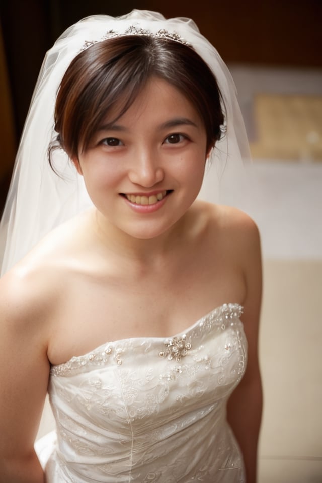 1girl, solo, looking at viewer, smile, shiho
posing, smile for camera, 
wedding dress, 