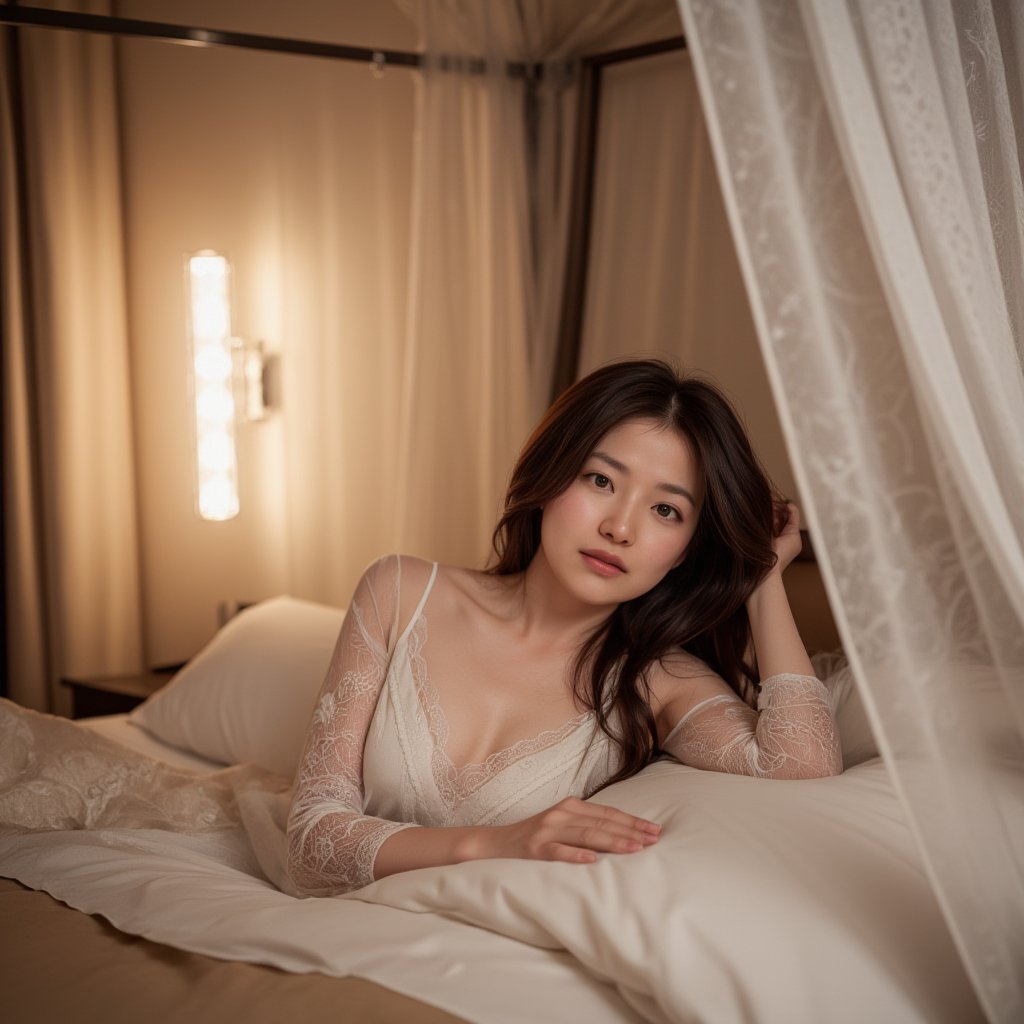 Photorealistic image of a woman lying on a luxurious canopy bed in a high-end hotel, elegant bedding, soft lighting, relaxed pose, serene expression, detailed textures, warm tones, Canon EOS R5, cozy atmosphere, refined decor, commercial appeal.,shiho