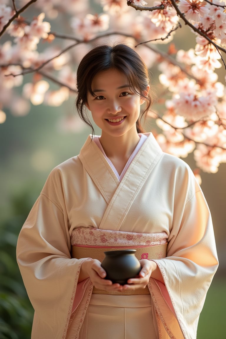 A serene Japanese woman stands against a subtle gradient backdrop, her gentle smile framed by a delicate kimono pattern. Soft morning light dances across her face, casting a warm glow on the intricate folds of her garment. Her hands hold a traditional tea set, as she poses in a tranquil Japanese garden, surrounded by lush greenery and blooming cherry blossoms.