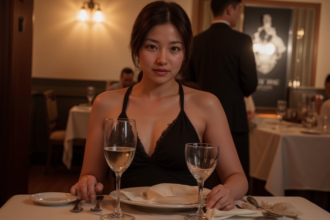 Photorealistic image of a woman dining at a luxurious French restaurant, elegant attire, soft ambient lighting, fine dining setup, detailed tableware, refined decor, Canon EOS R5, relaxed expression, warm tones, high-end atmosphere, commercial appeal.,shiho