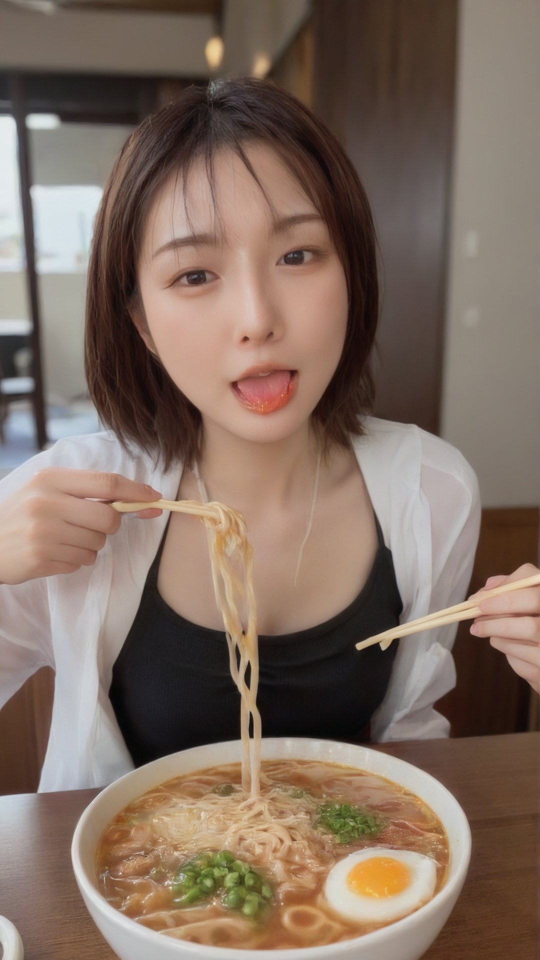 A woman eating ramen while sweating on a hot summer day