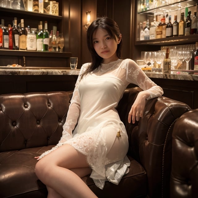 1girl, solo, ayumi
sitting on luxury sofa in bar, bar counter, grasses, bolltes
transparent, see-through lace tube dress,