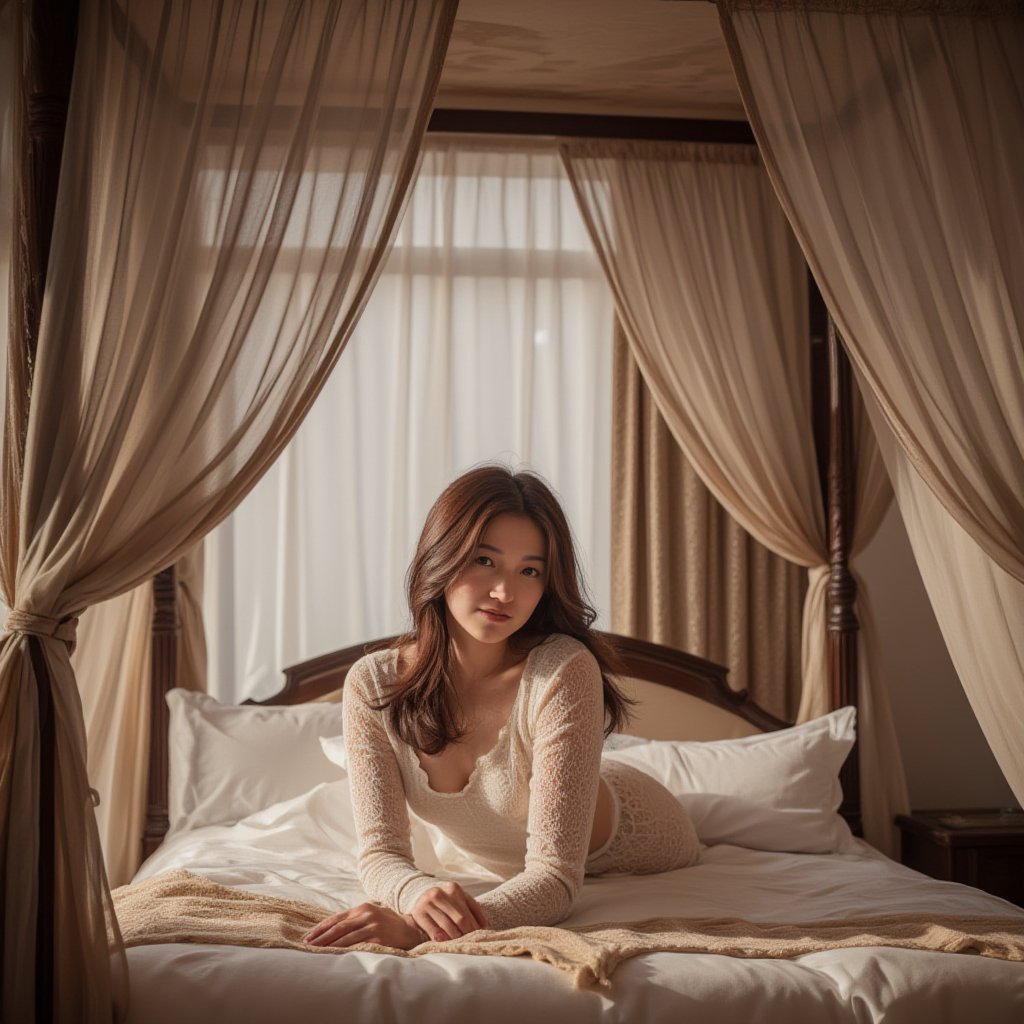 Photorealistic image of a woman lying on a luxurious canopy bed in a high-end hotel, elegant bedding, soft lighting, relaxed pose, serene expression, detailed textures, warm tones, Canon EOS R5, cozy atmosphere, refined decor, commercial appeal.,shiho