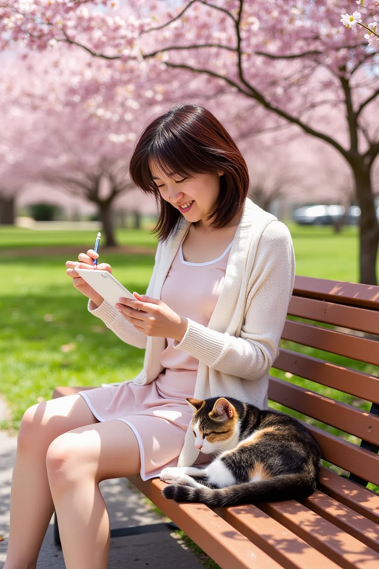 "A young woman sitting on a park bench, sketching the cherry blossoms. She is wearing a light cardigan over a dress and looks focused but content. Her calico cat is curled up next to her on the bench. The park is filled with blooming trees, and the warm spring sunlight creates a perfect environment for her creative work.", shiho,