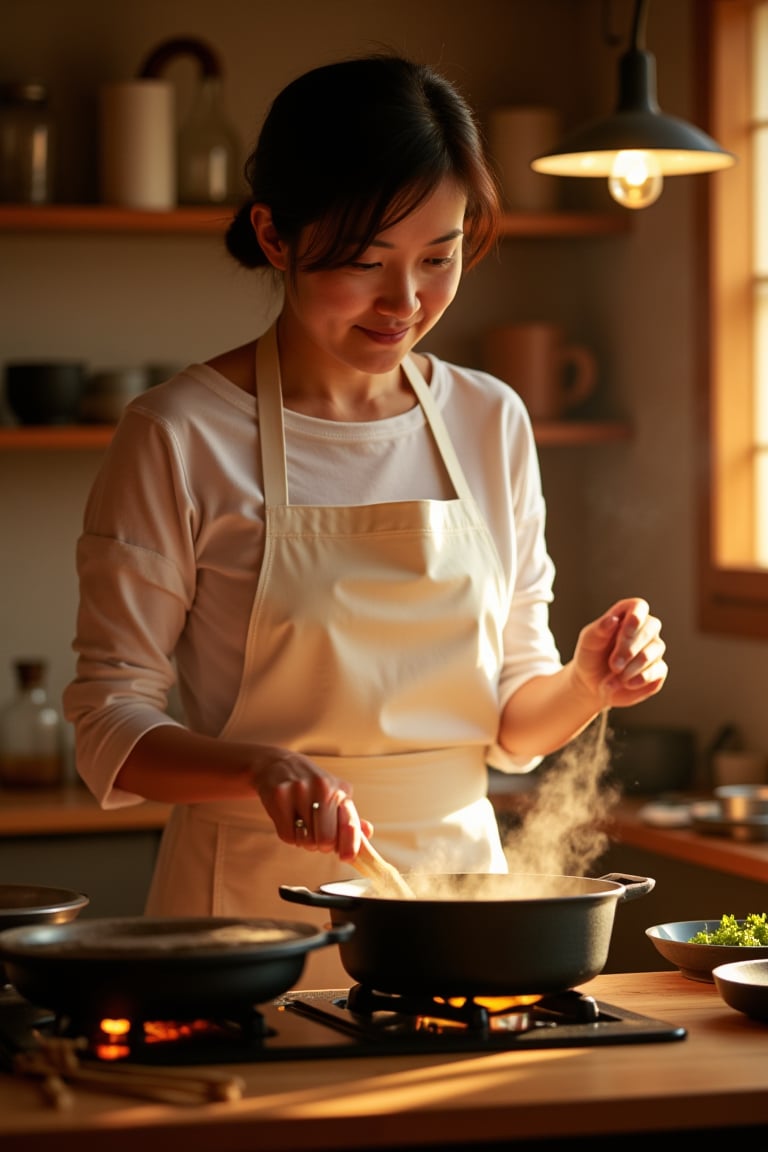 A warm kitchen scene: a woman, focused on her culinary task, stands in front of a rustic wooden table, surrounded by sizzling pans and savory aromas. She wears a crisp white apron, her dark hair tied back in a loose bun, as she stirs a bubbling pot with a wooden spoon. Soft golden light spills from the overhead pendant lamp, casting a cozy glow on her gentle smile.,shiho